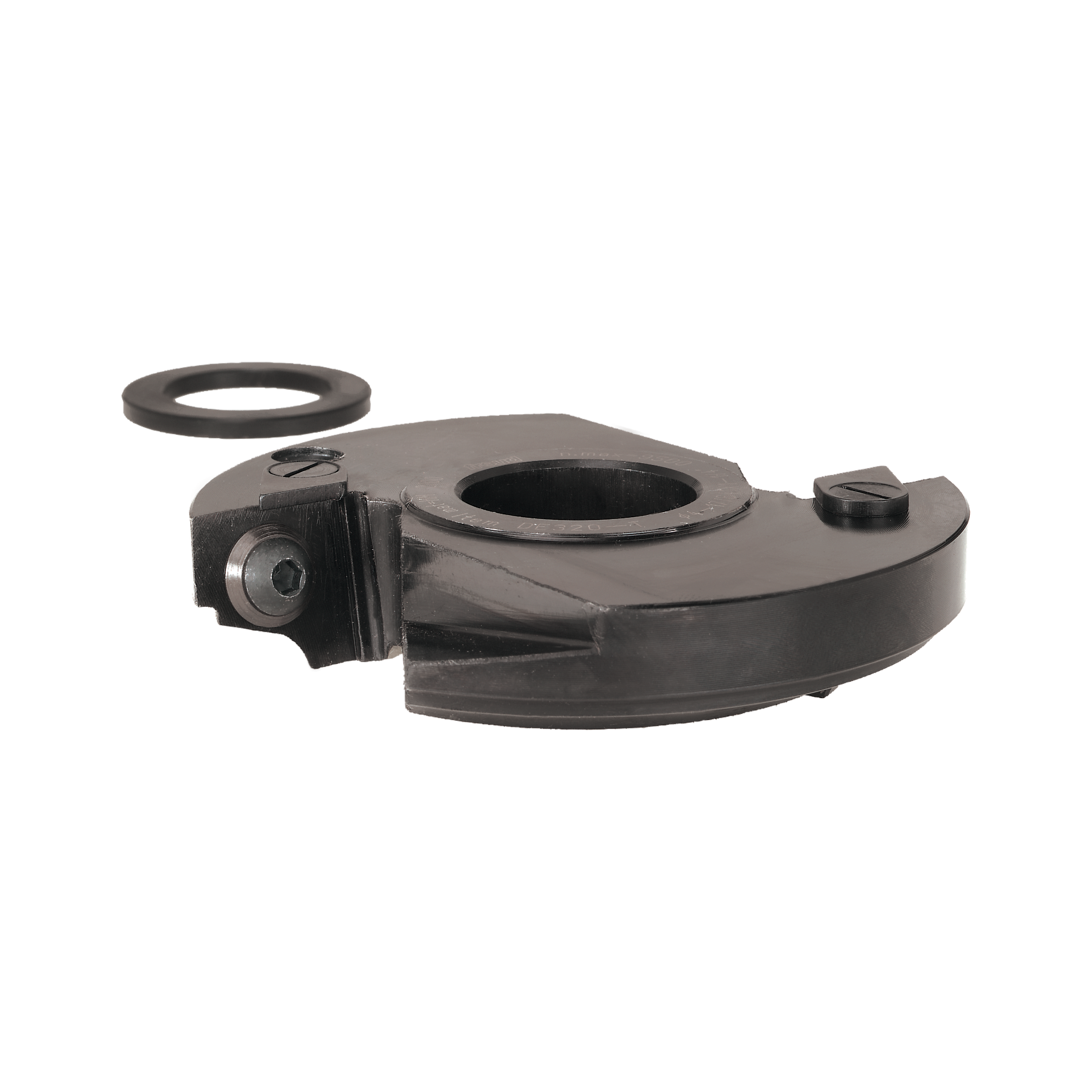 Two-piece dark gray router cutter head with circular blade guard and mounting hardware for door edge profiling.