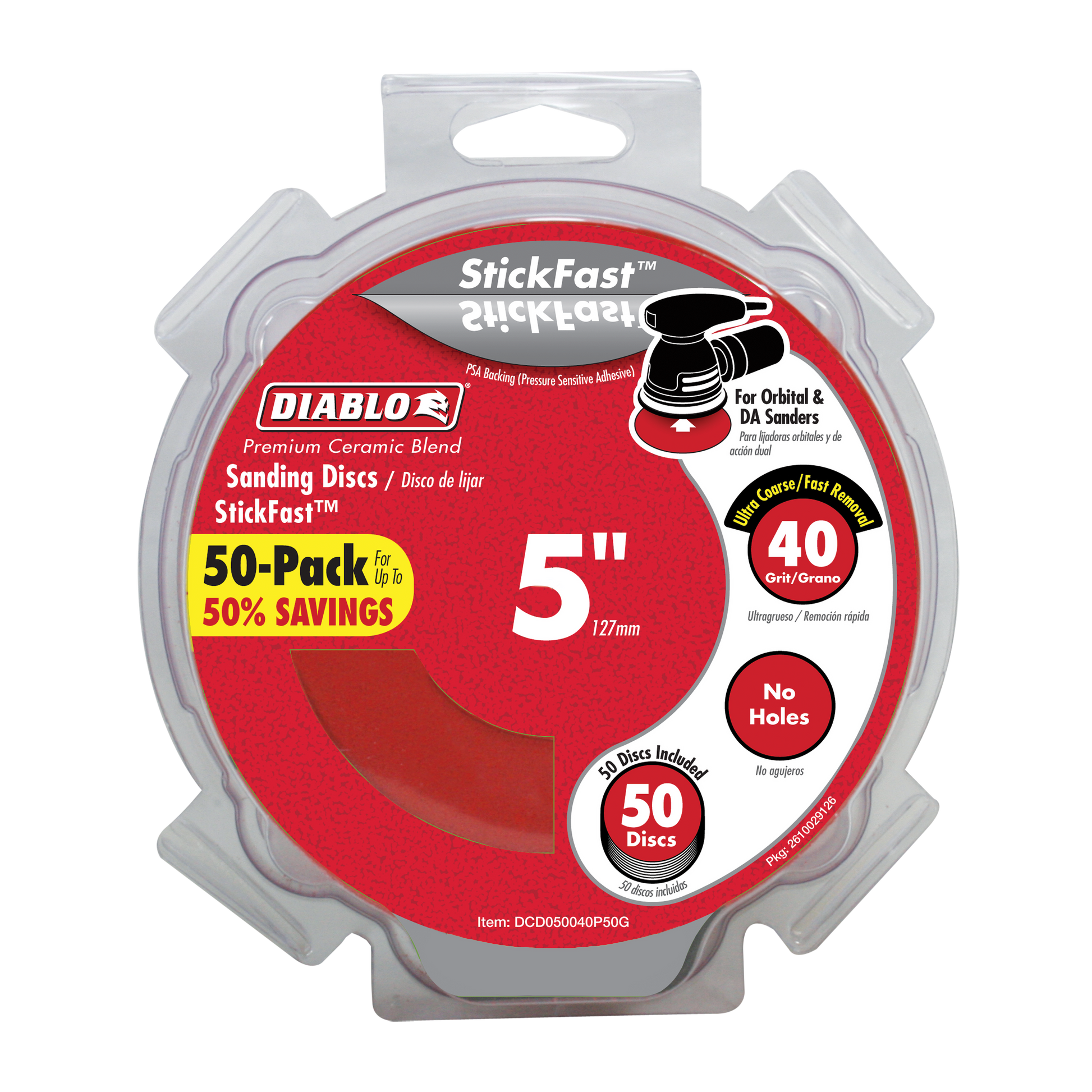 Clear plastic package containing 50 red Diablo 5-inch sanding discs with 40-grit ultra coarse rating, no holes.
