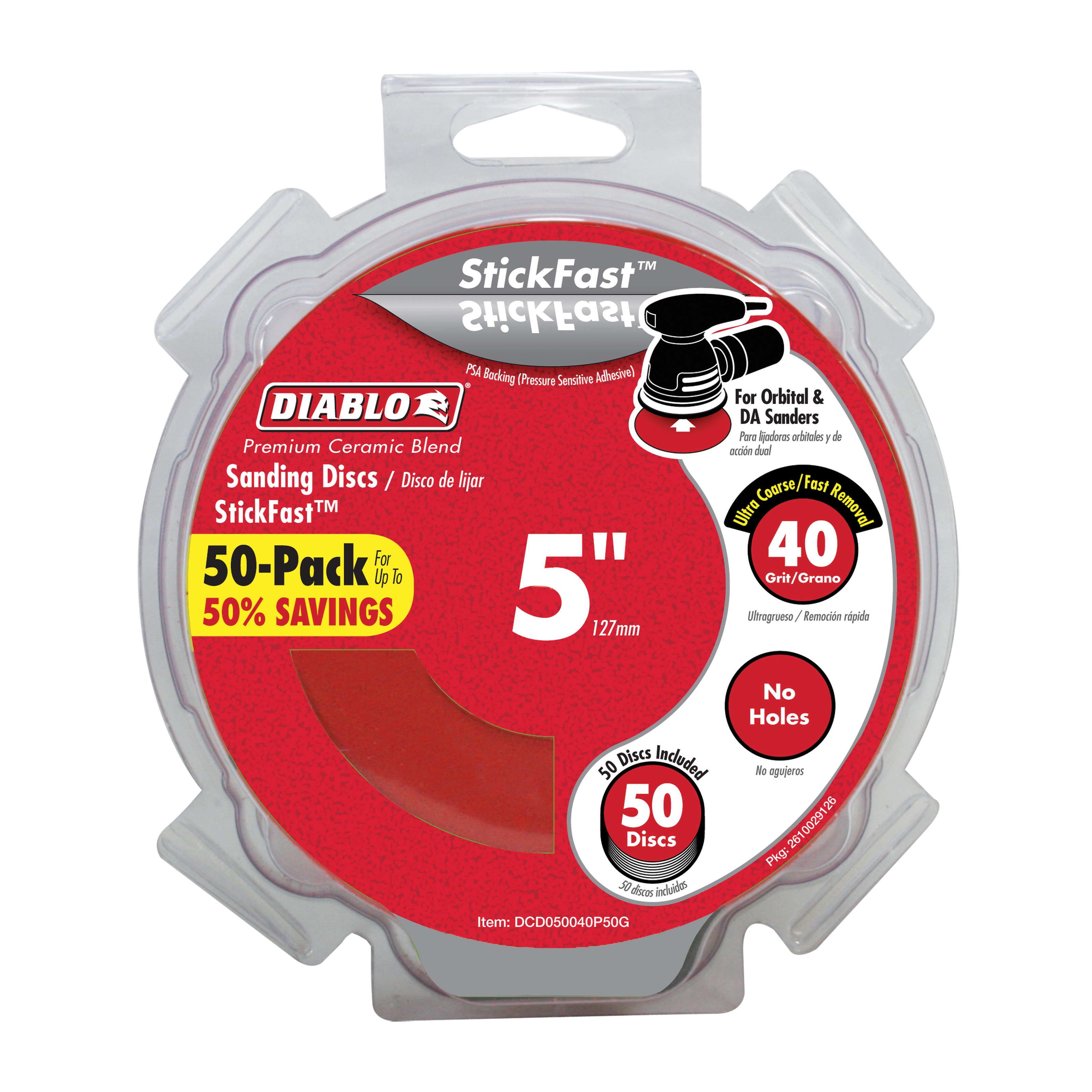 Clear plastic package containing 50 red Diablo 5-inch sanding discs with 40-grit ultra coarse rating, no holes.