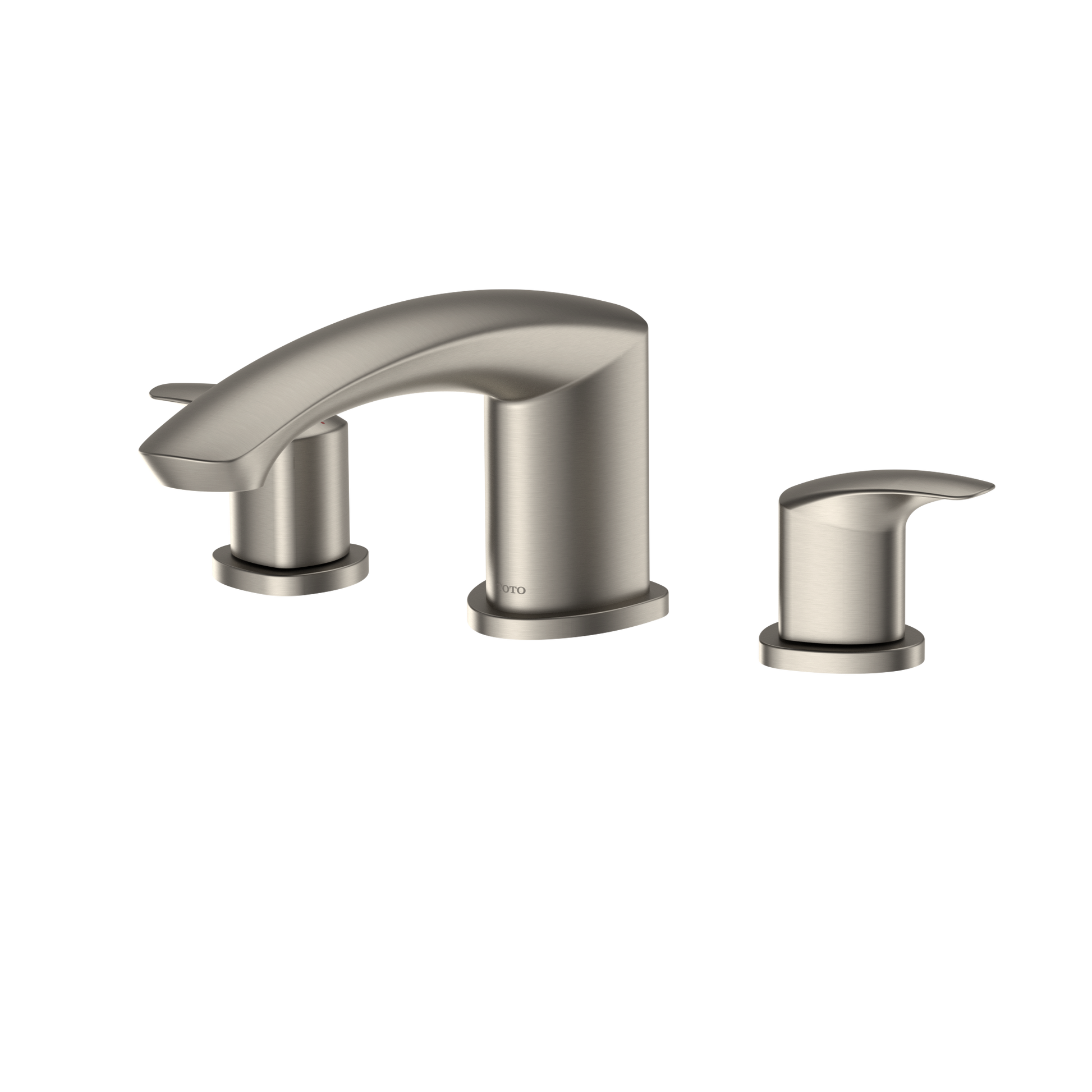 Brushed nickel two-handle roman tub filler with curved spout and cylindrical handles.