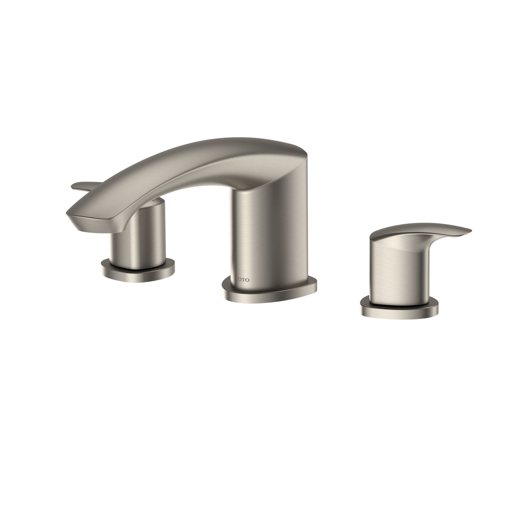 Brushed nickel two-handle roman tub filler with curved spout and cylindrical handles.