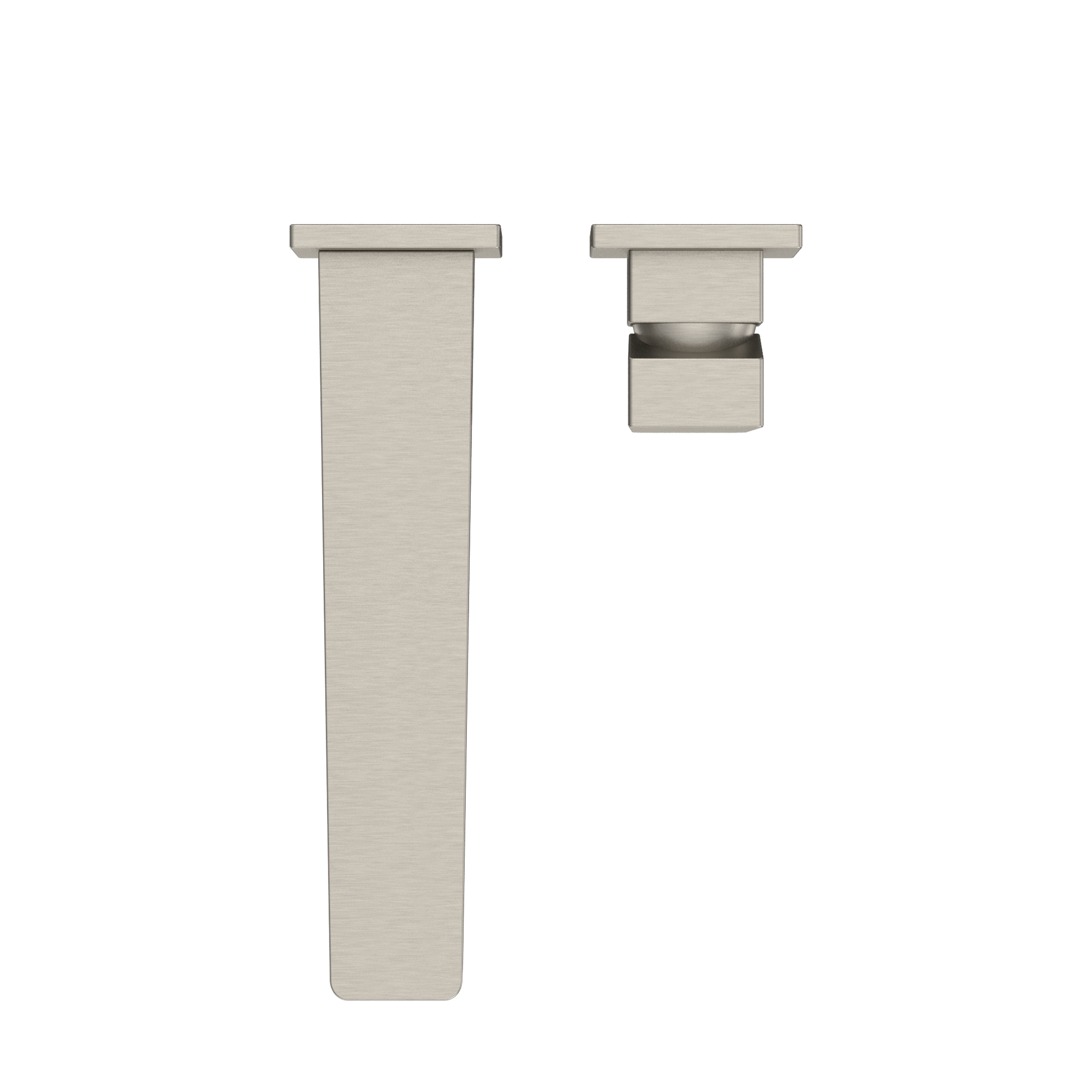 Brushed nickel wall-mount bathroom faucet with elongated spout and single handle control shown from front and side angles.