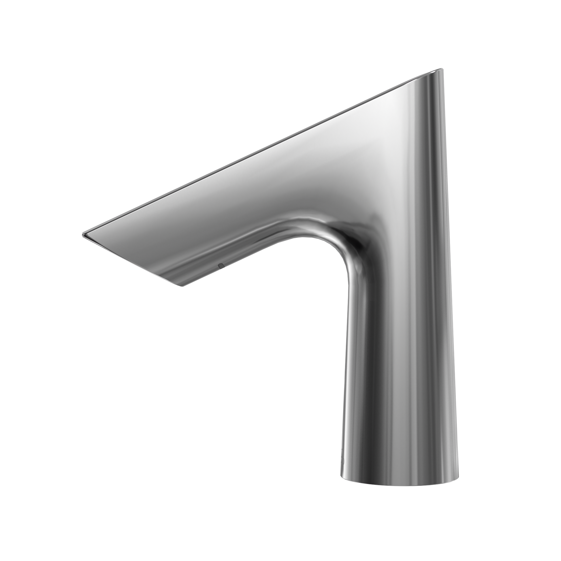 Polished chrome touchless bathroom faucet with curved spout and angular base on white background.