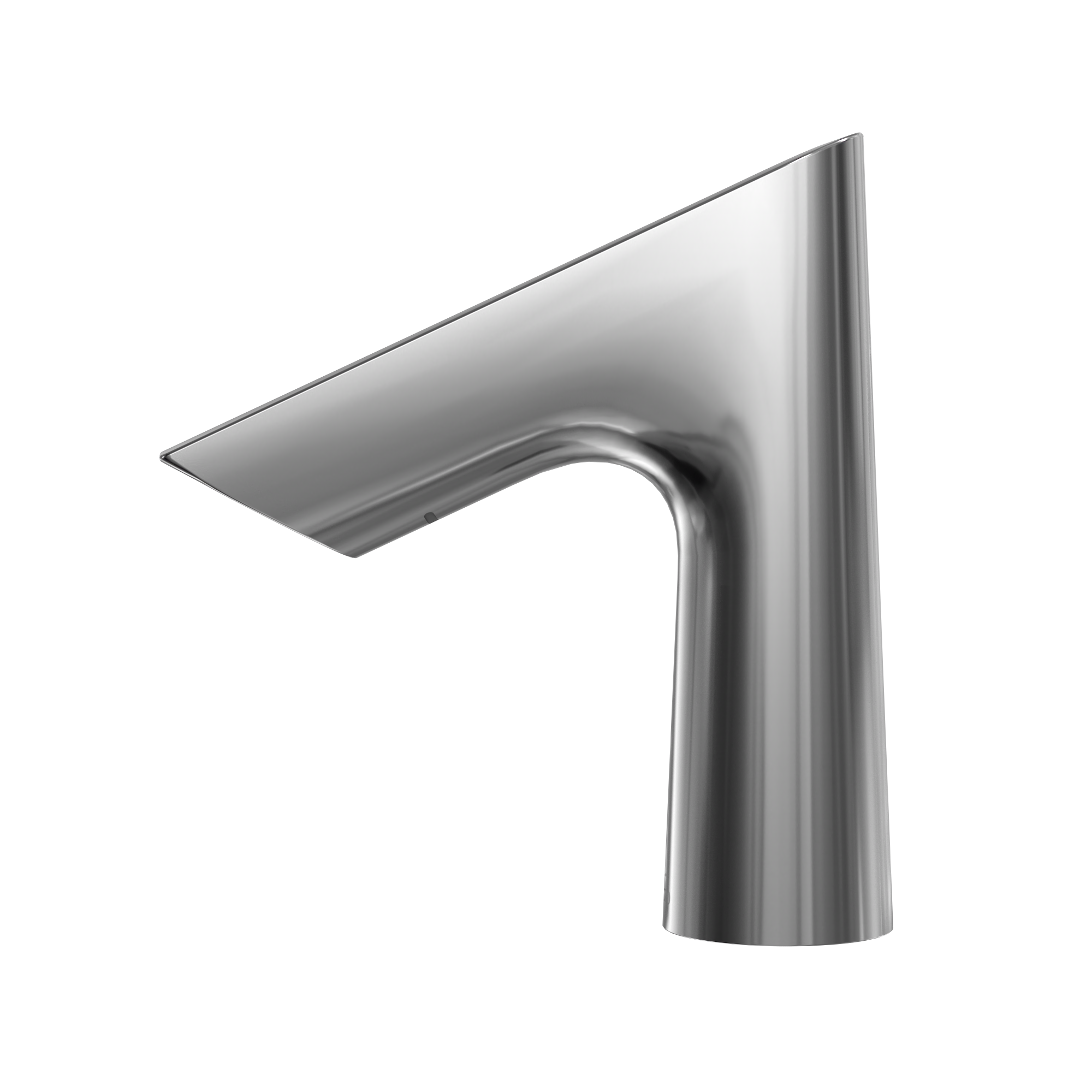 Polished chrome touchless bathroom faucet with curved spout and angular base on white background.