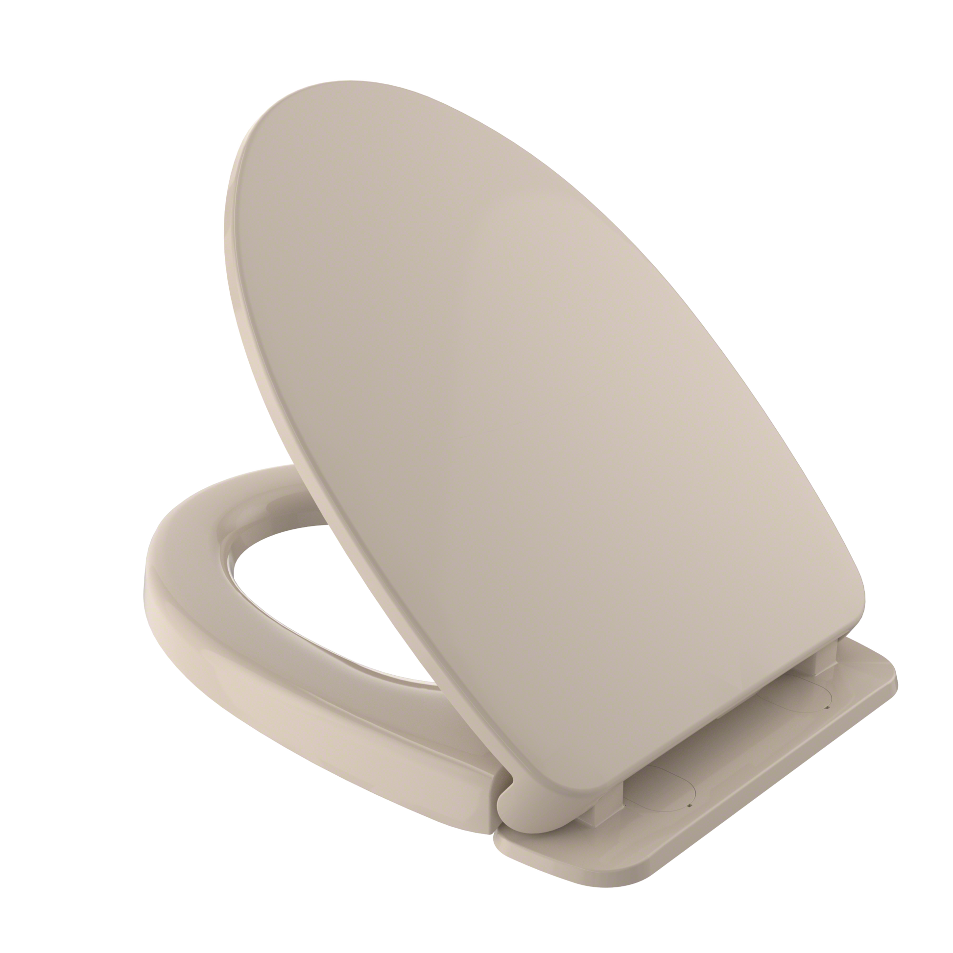 Bone-colored elongated toilet seat and lid with slow-close hinges mounted on white base.