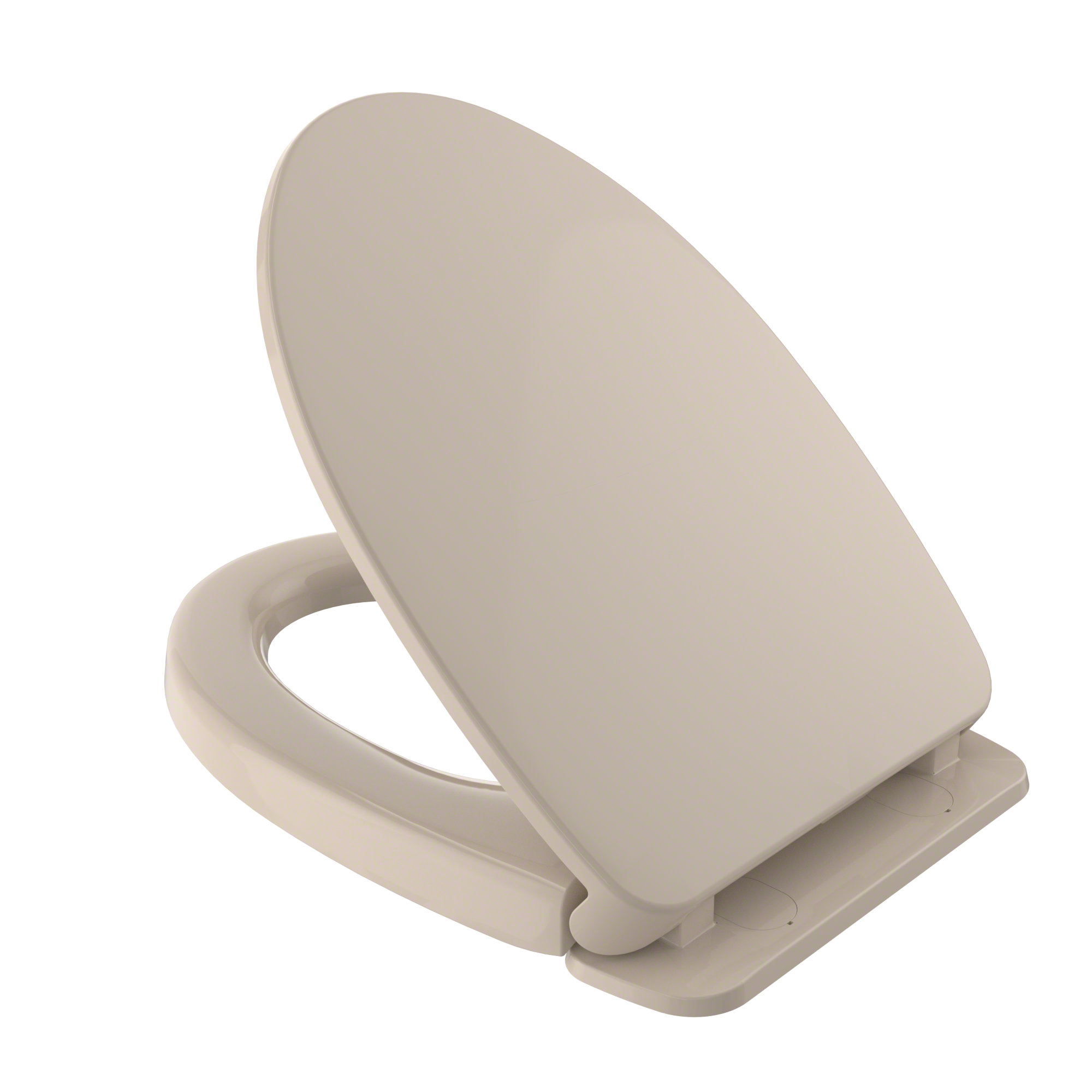 Bone-colored elongated toilet seat and lid with slow-close hinges mounted on white base.