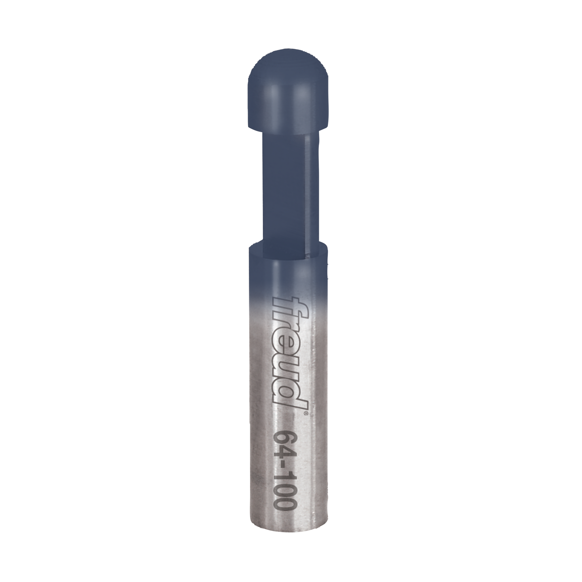 Freud 64-100 solid carbide flush trim bit with rounded top and cylindrical shank marked with model number.