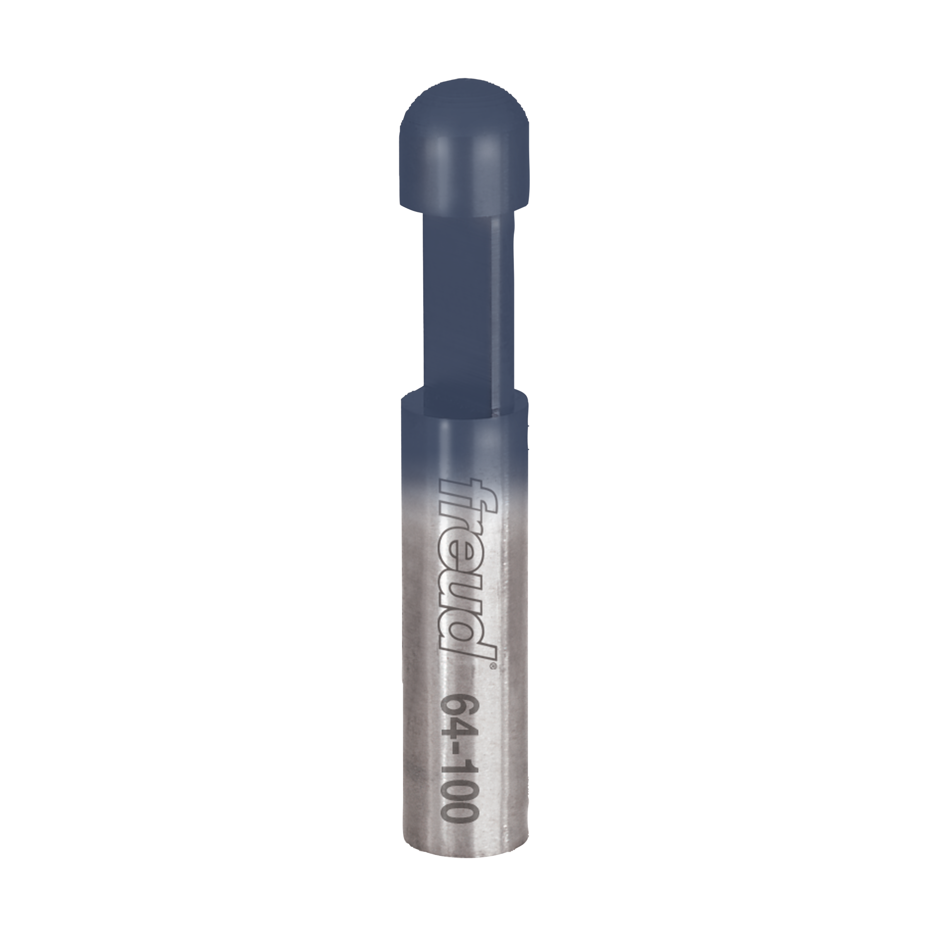 Freud 64-100 solid carbide flush trim bit with rounded top and cylindrical shank marked with model number.