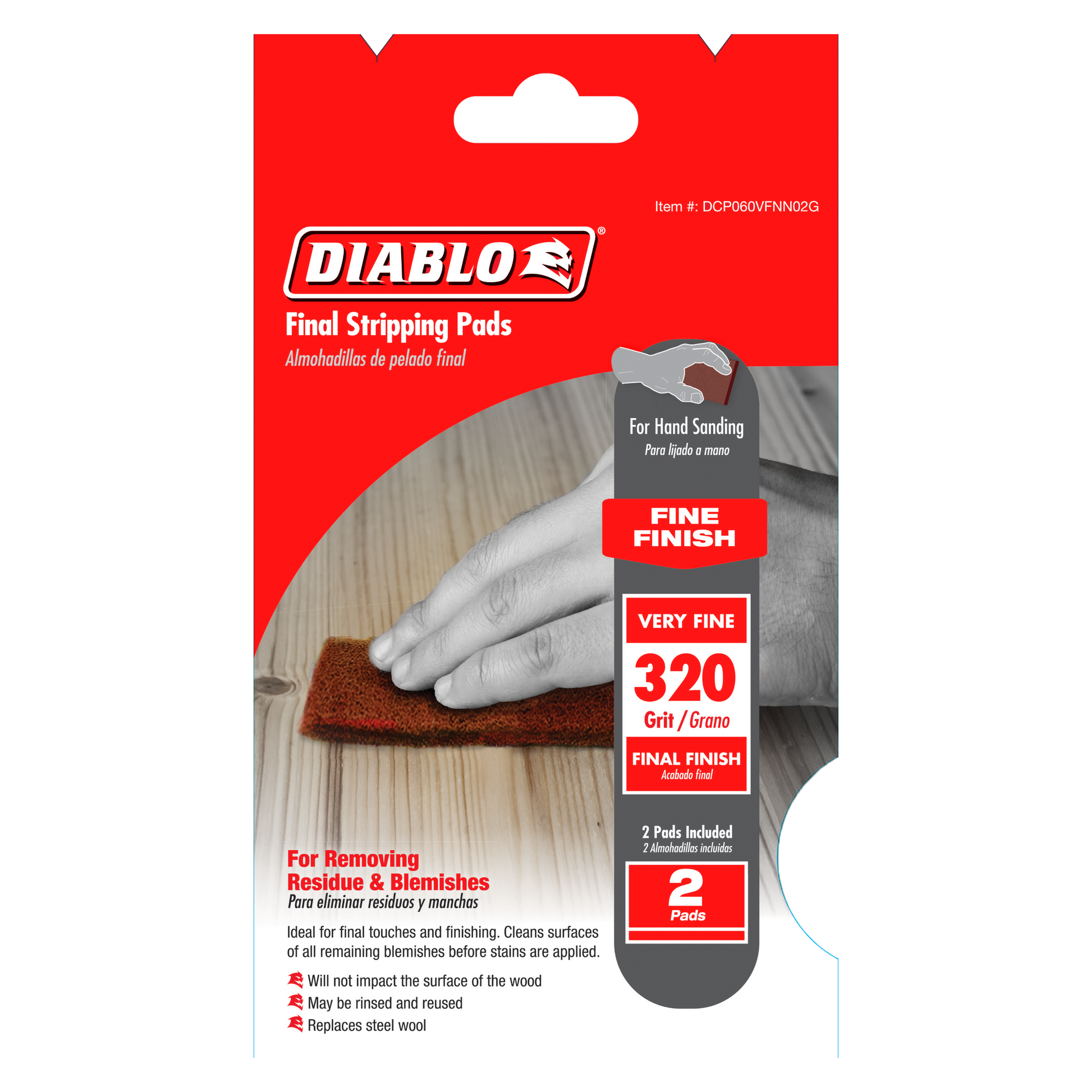 Two 320-grit brown stripping pads shown being held by hand for wood surface sanding.