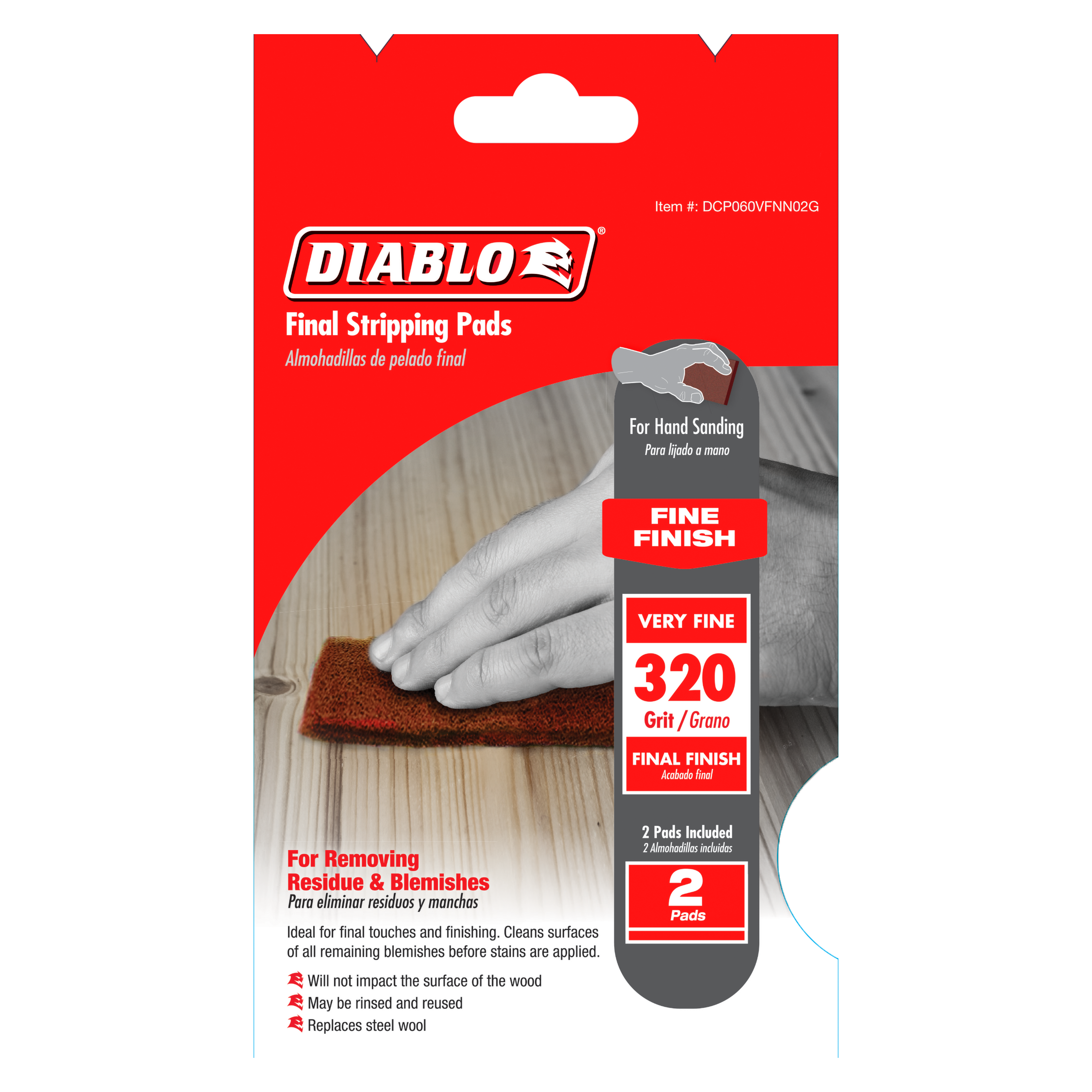 Two 320-grit brown stripping pads shown being held by hand for wood surface sanding.