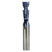 Dark metal router bit with dual cutting edges and silver cylindrical shank on white background.