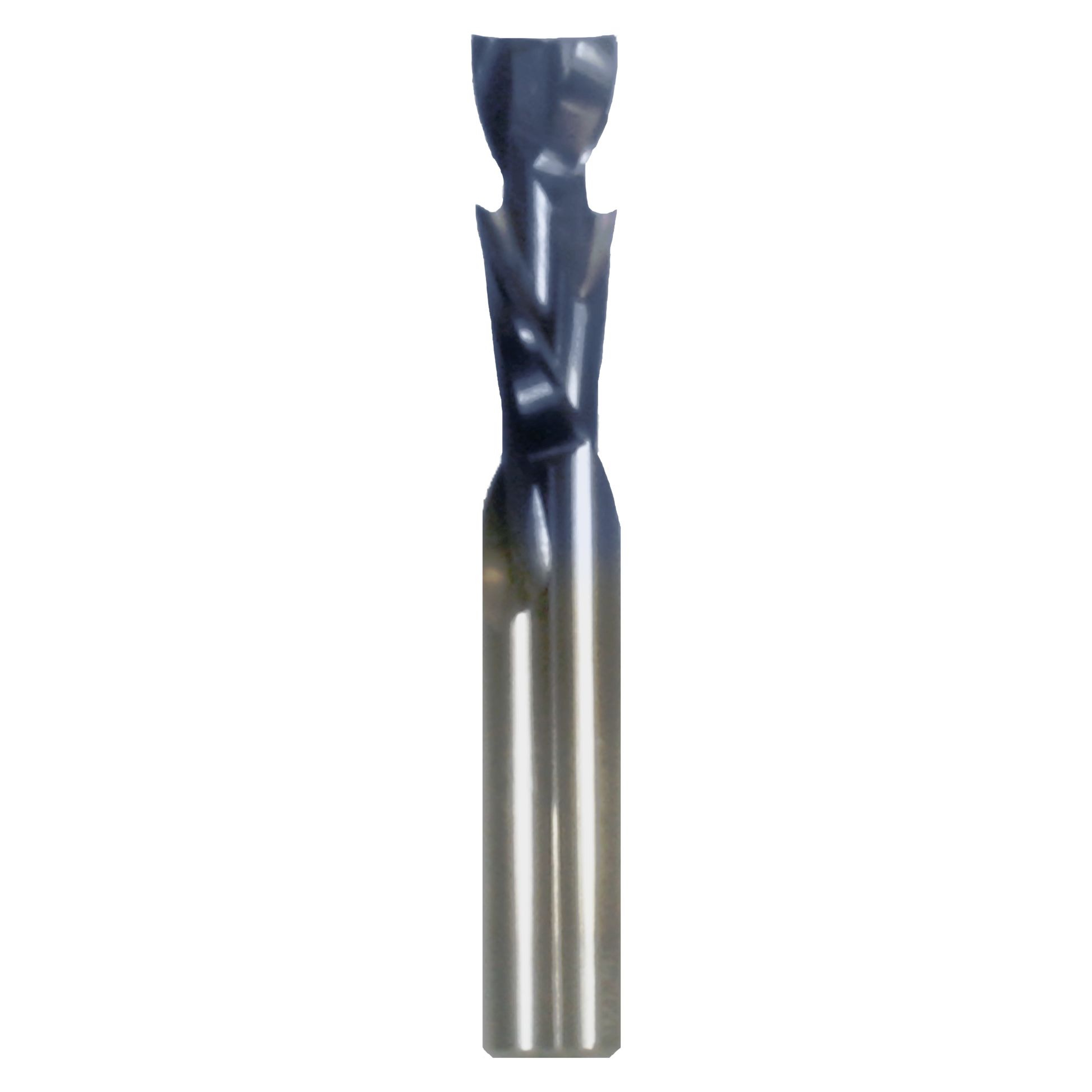 Dark metal router bit with dual cutting edges and silver cylindrical shank on white background.