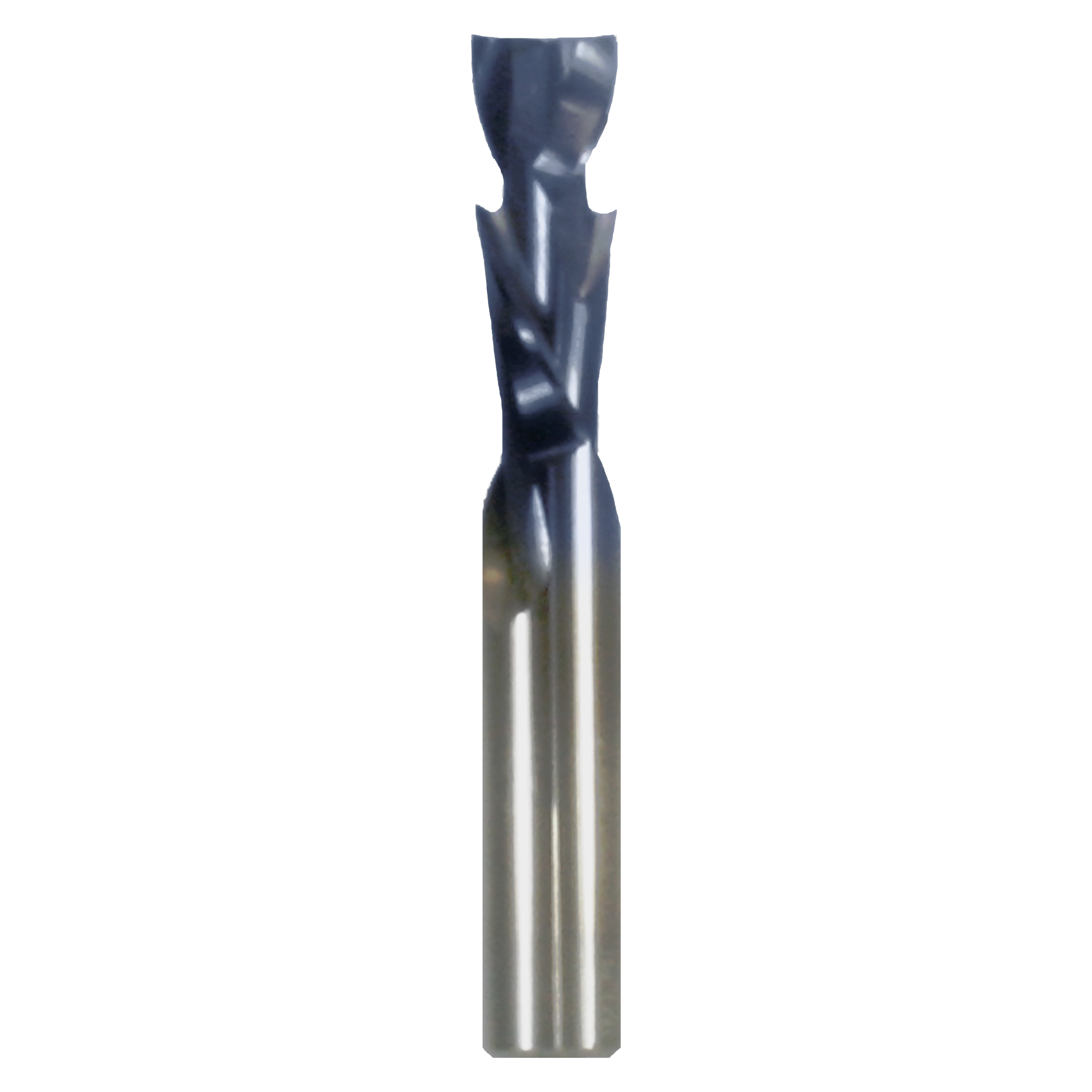 Dark metal router bit with dual cutting edges and silver cylindrical shank on white background.