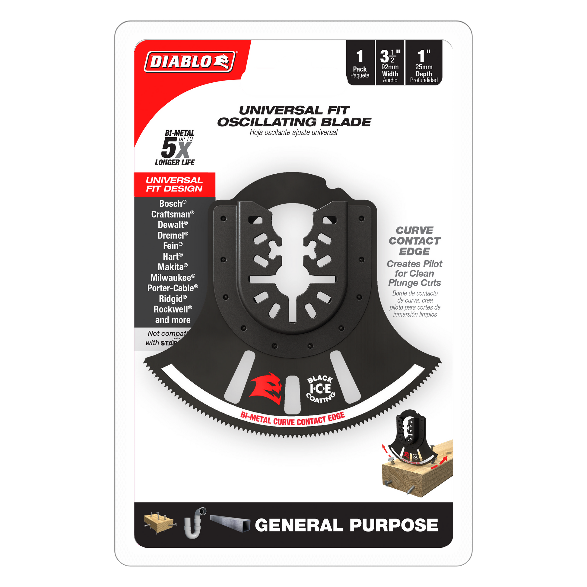 Black bi-metal oscillating blade with curved contact edge and serrated bottom edge for universal fit power tools.