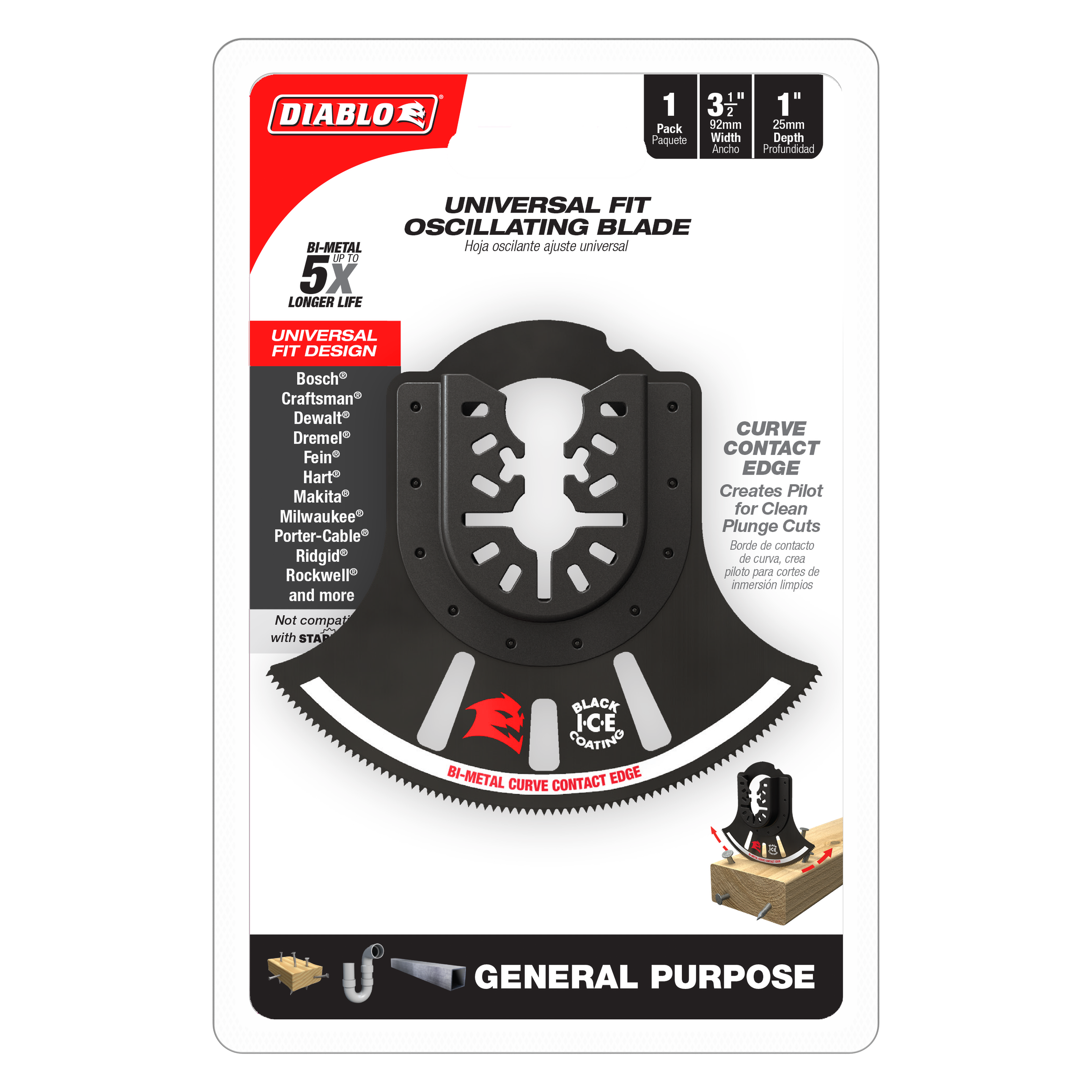 Black bi-metal oscillating blade with curved contact edge and serrated bottom edge for universal fit power tools.