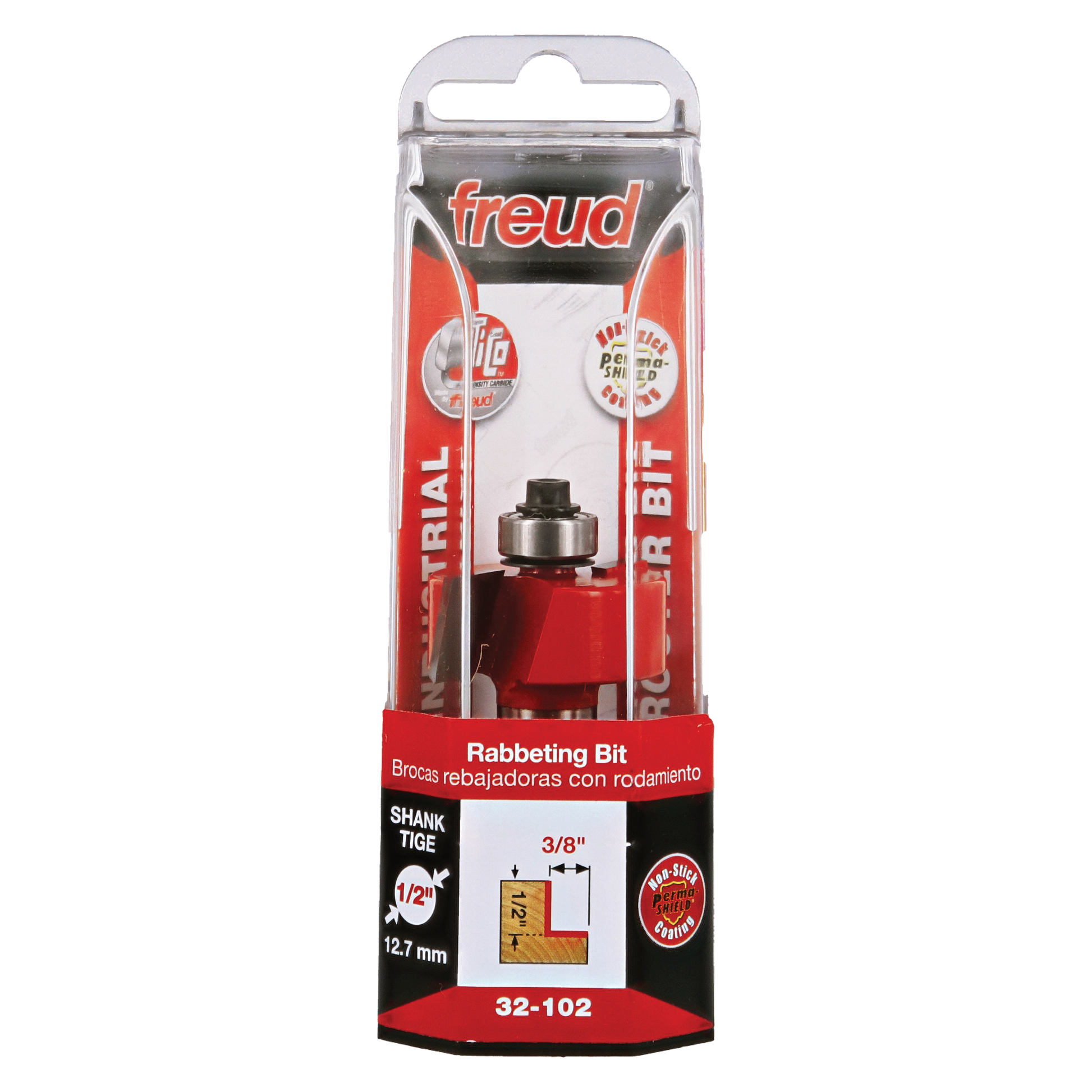 Freud 32-102 rabbeting bit with red body, metal cutting head, and 1/2" shank in clear plastic retail packaging.