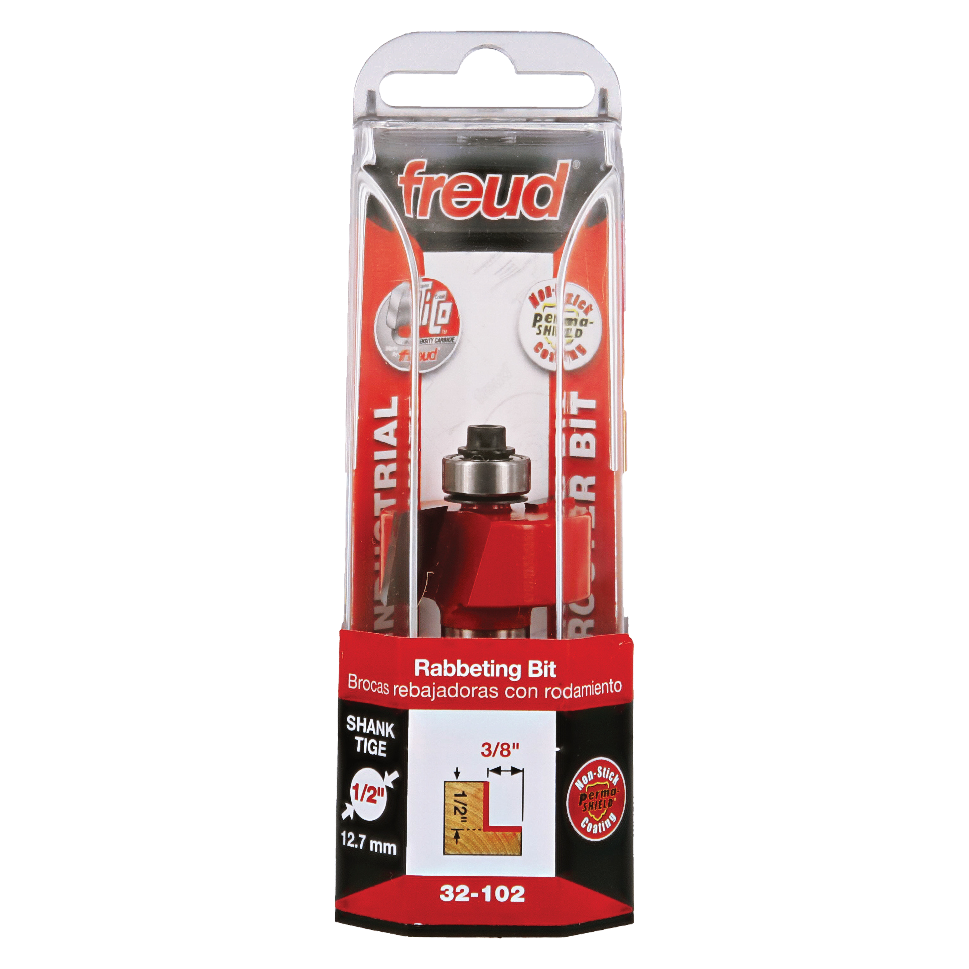 Freud 32-102 rabbeting bit with red body, metal cutting head, and 1/2" shank in clear plastic retail packaging.