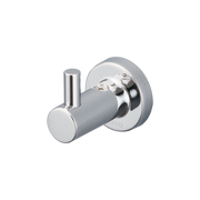 Polished chrome robe hook with cylindrical hook extending from circular wall-mounted escutcheon plate.