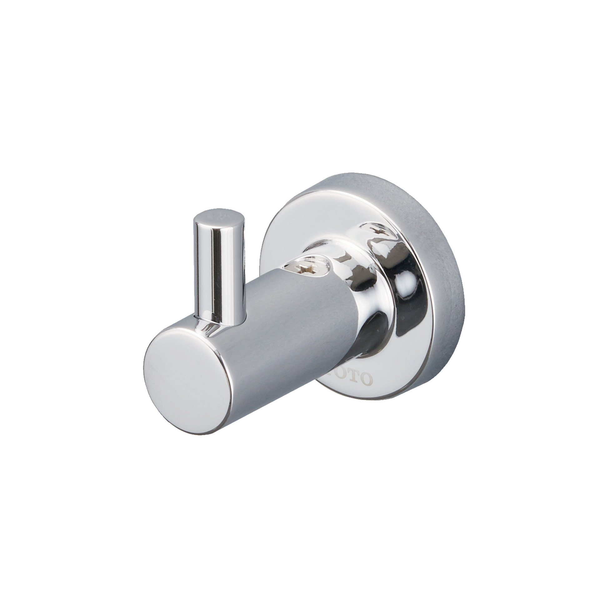 Polished chrome robe hook with cylindrical hook extending from circular wall-mounted escutcheon plate.