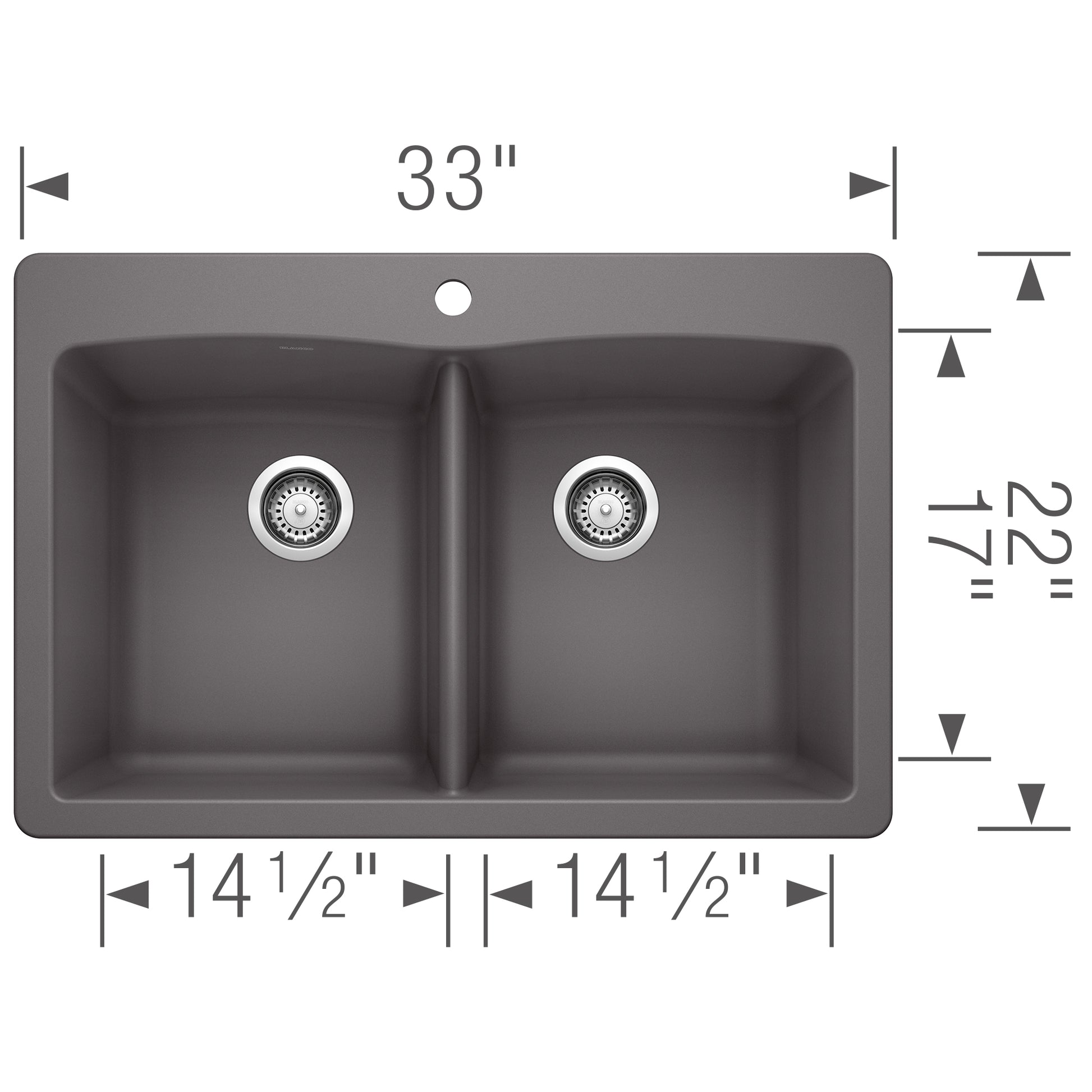 Cinder gray double bowl drop-in sink with two equal 14.5" bowls, drain strainers, and faucet hole, measuring 33" wide.
