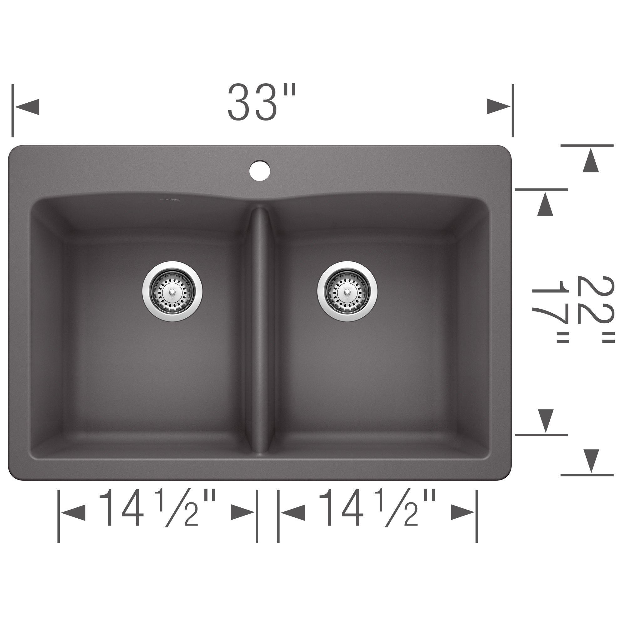 Cinder gray double bowl drop-in sink with two equal 14.5" bowls, drain strainers, and faucet hole, measuring 33" wide.