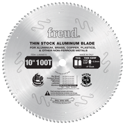 10" circular saw blade with 100 teeth, silver coating, and multiple relief slots for cutting non-ferrous metals and plastics.