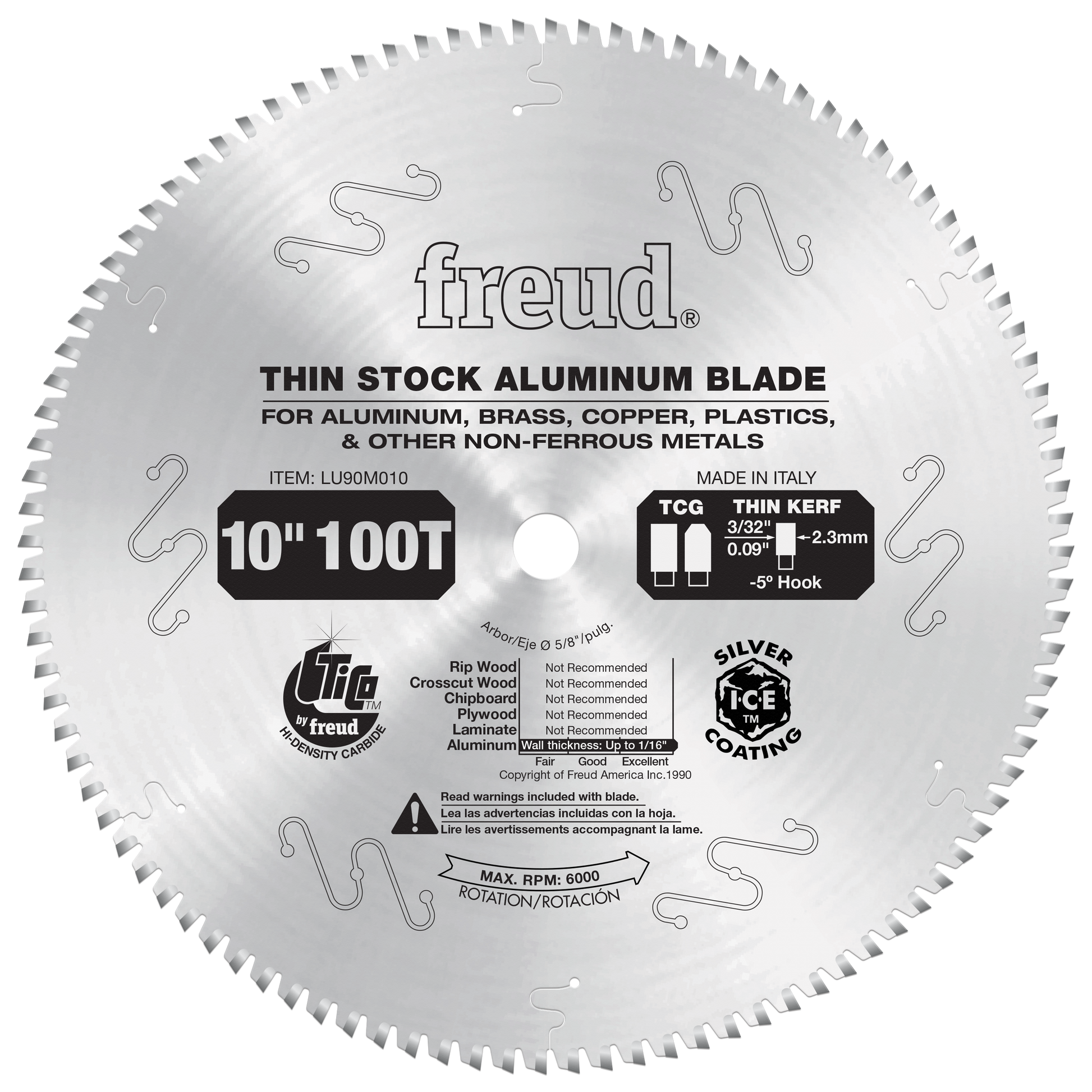 10" circular saw blade with 100 teeth, silver coating, and multiple relief slots for cutting non-ferrous metals and plastics.