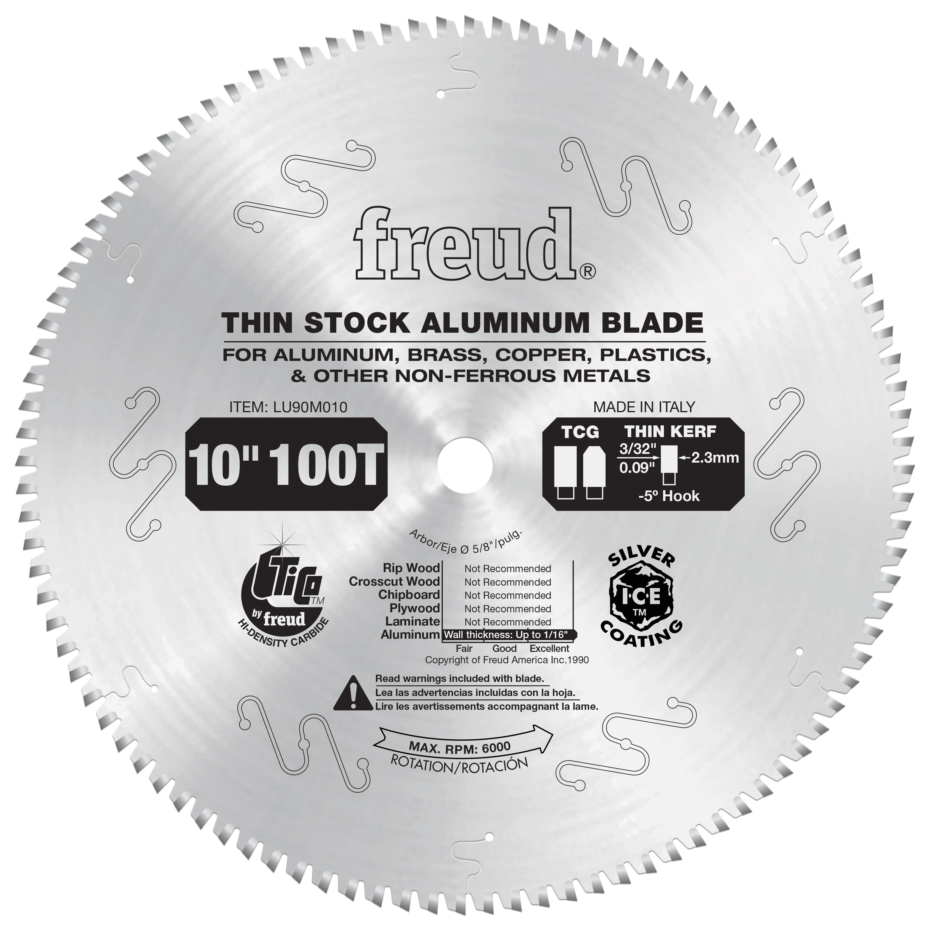 10" circular saw blade with 100 teeth, silver coating, and multiple relief slots for cutting non-ferrous metals and plastics.