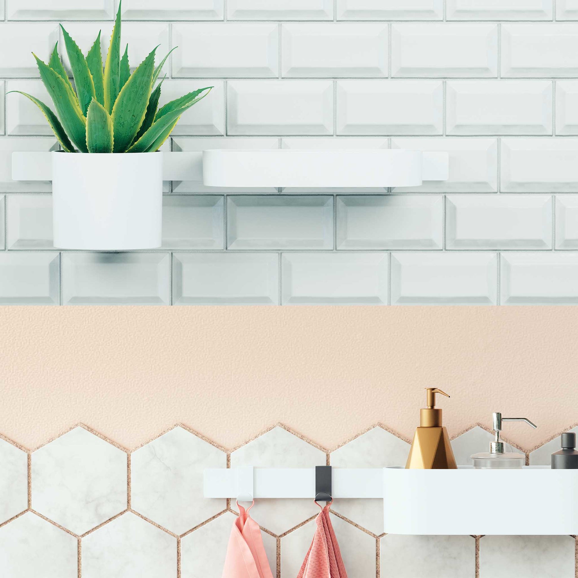 Matte white rectangular wall-mounted storage basket mounted on tiled bathroom wall above sink counter.