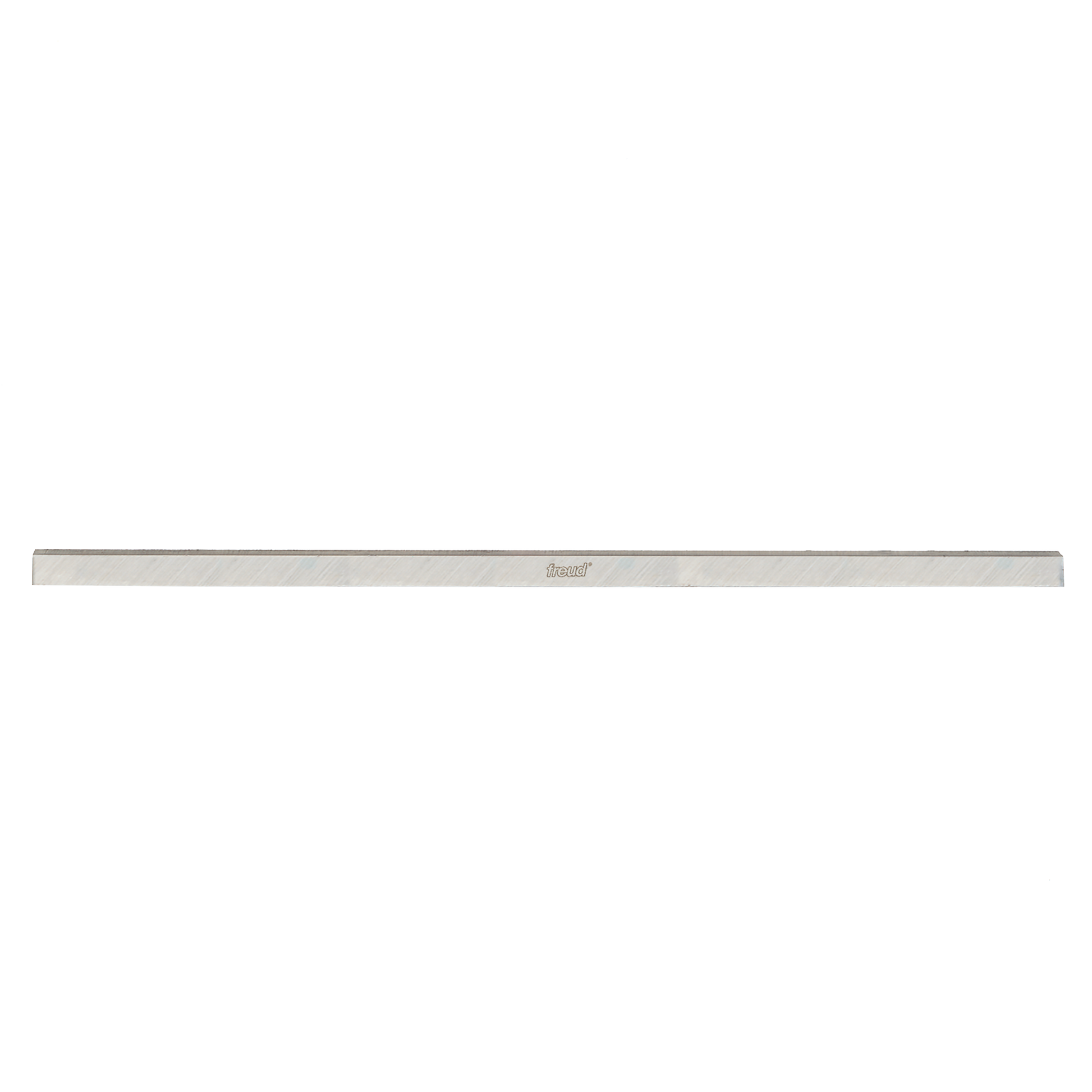 Long metallic planer and jointer knife with Freud brand marking on silver-gray steel blade.