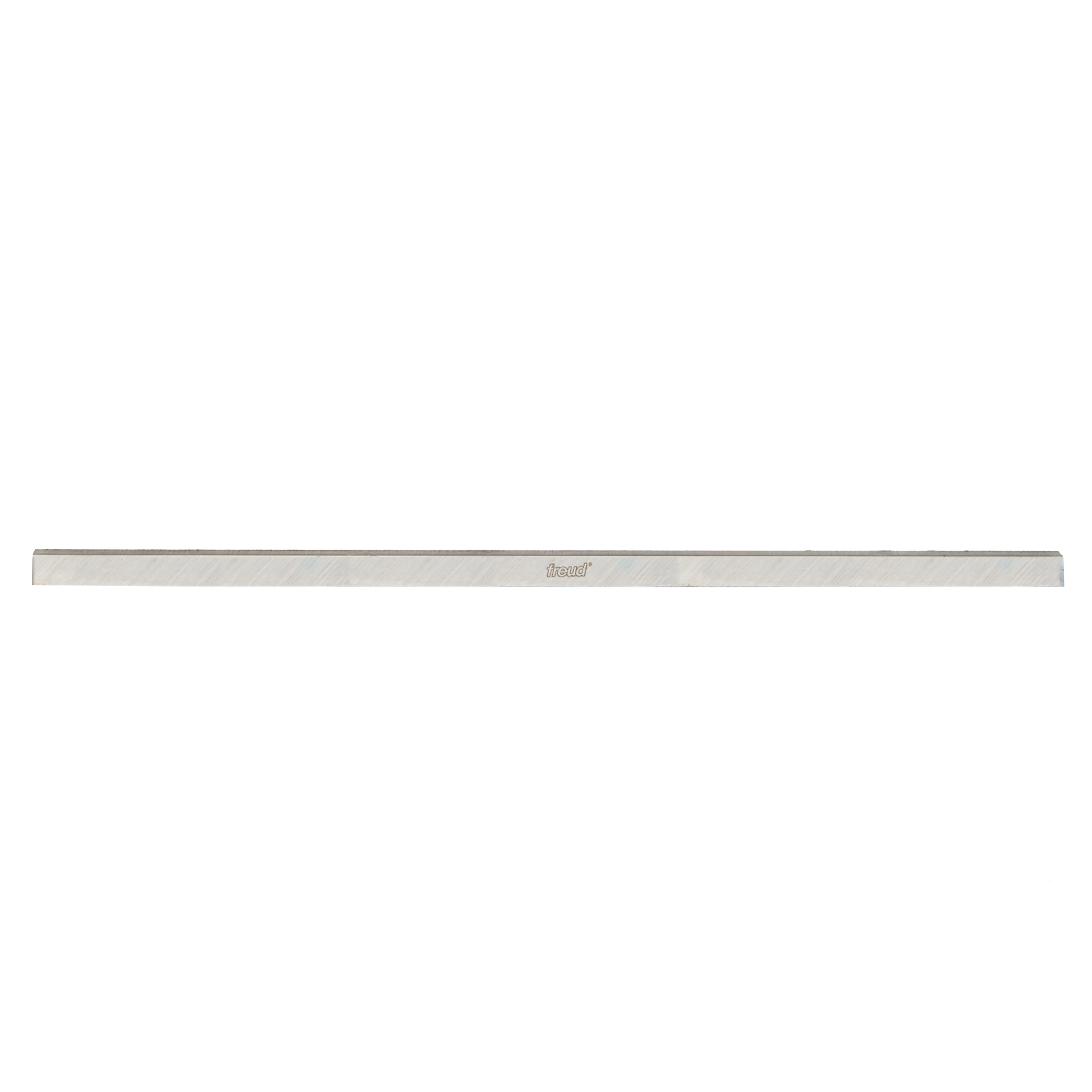 Long metallic planer and jointer knife with Freud brand marking on silver-gray steel blade.