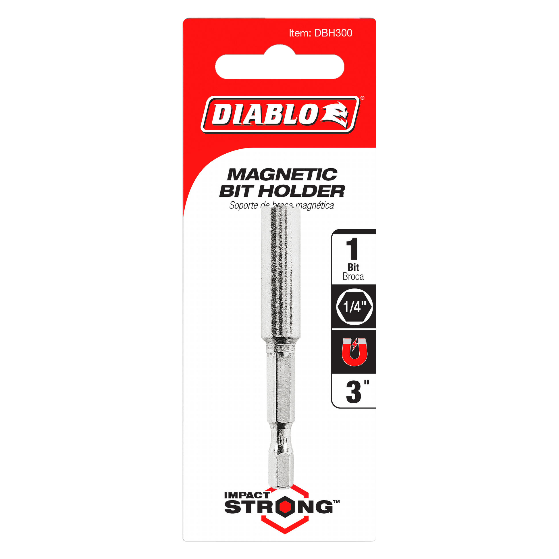 Silver magnetic bit holder with 1/4" hex drive and 3" length on red and white Diablo packaging.