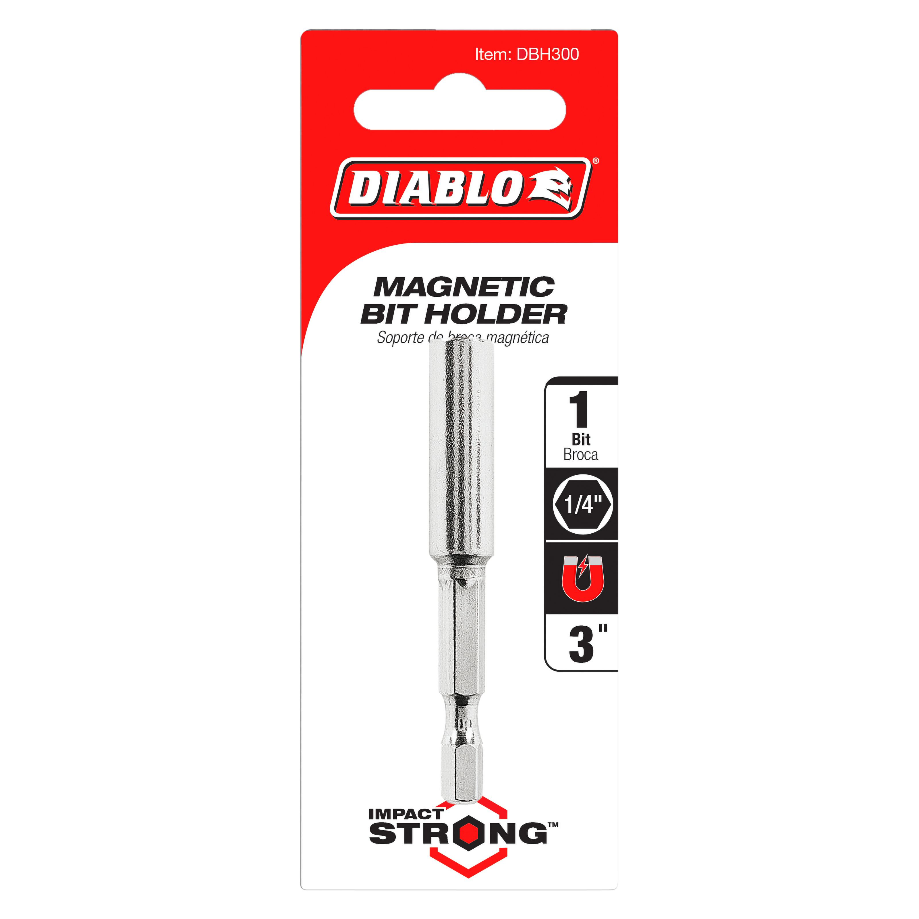 Silver magnetic bit holder with 1/4" hex drive and 3" length on red and white Diablo packaging.