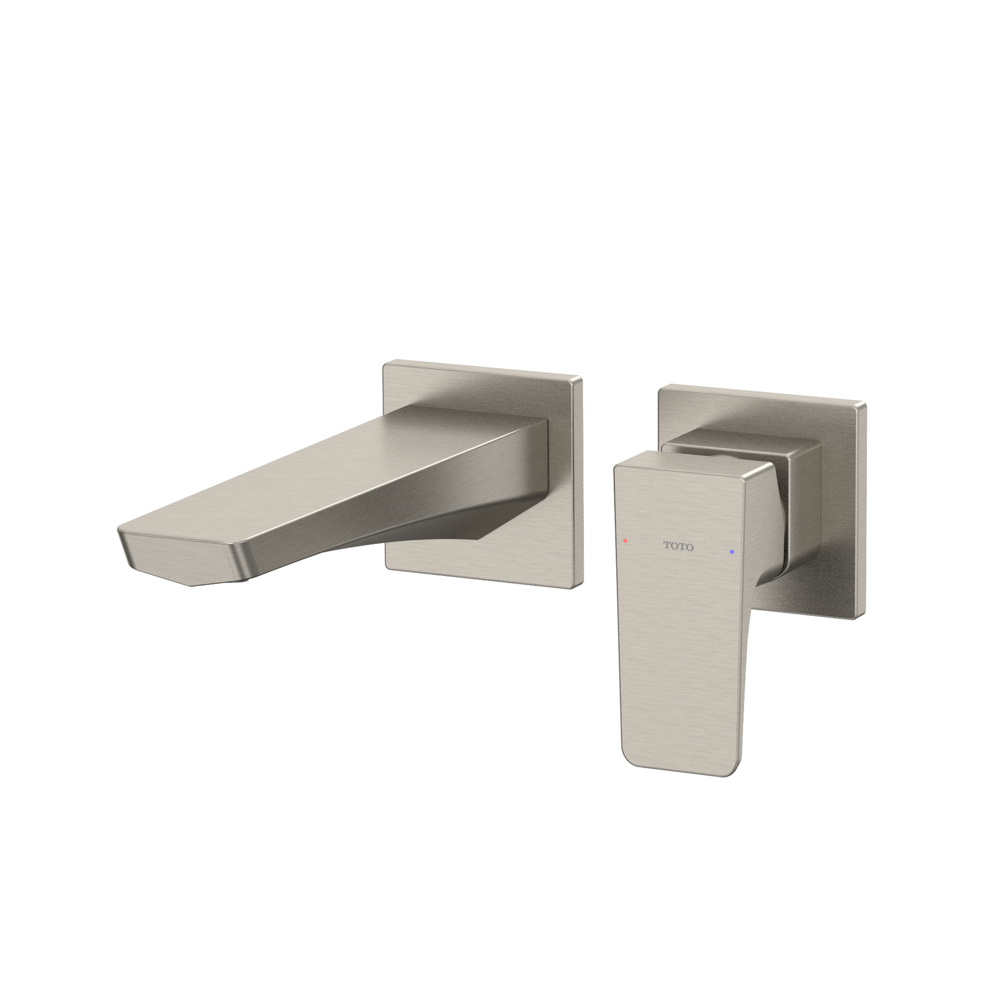 Brushed nickel wall-mount bathroom faucet with single handle and curved spout.