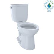 White two-piece elongated toilet with tank and bowl, showing silver lever handle on left side.