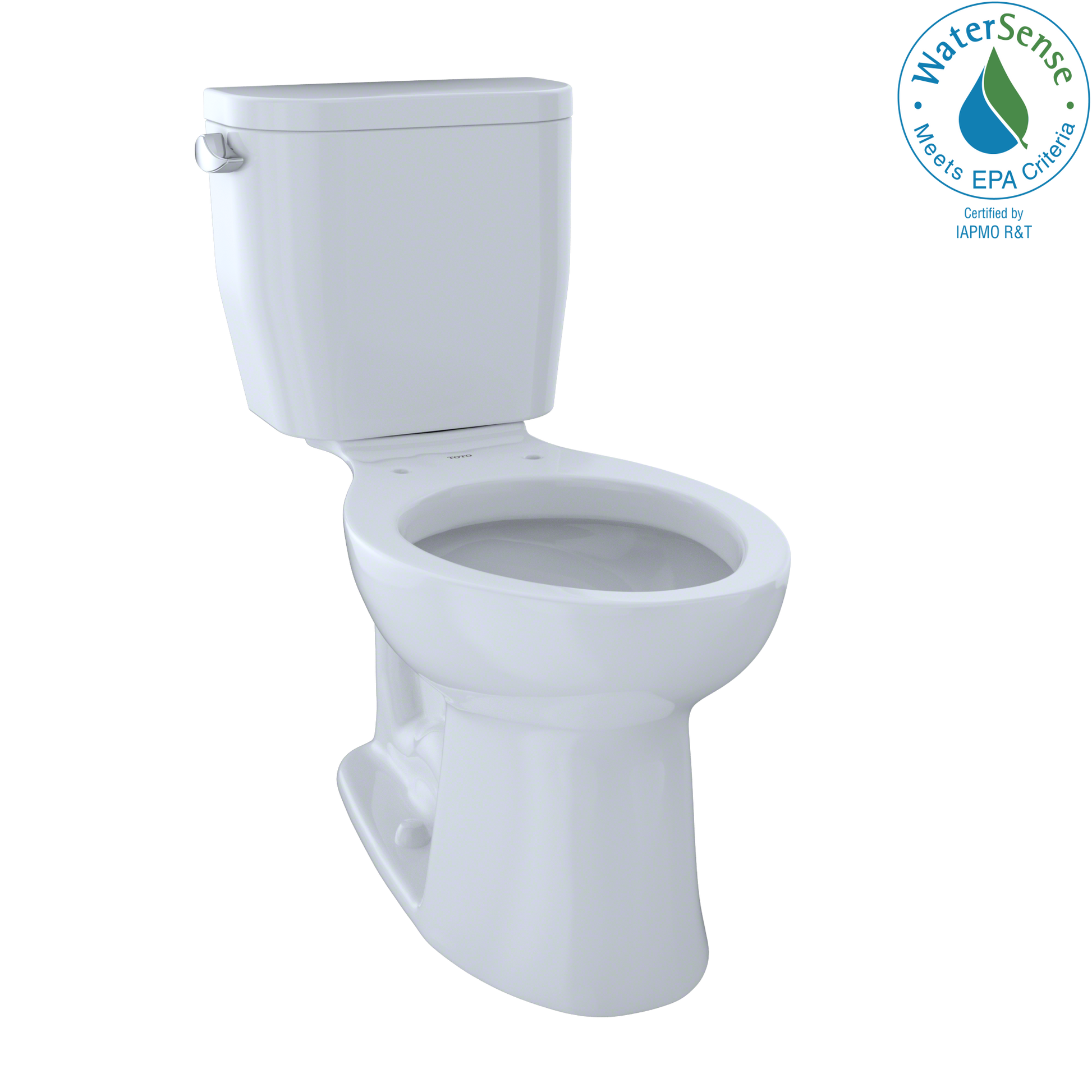 White two-piece elongated toilet with tank and bowl, showing silver lever handle on left side.