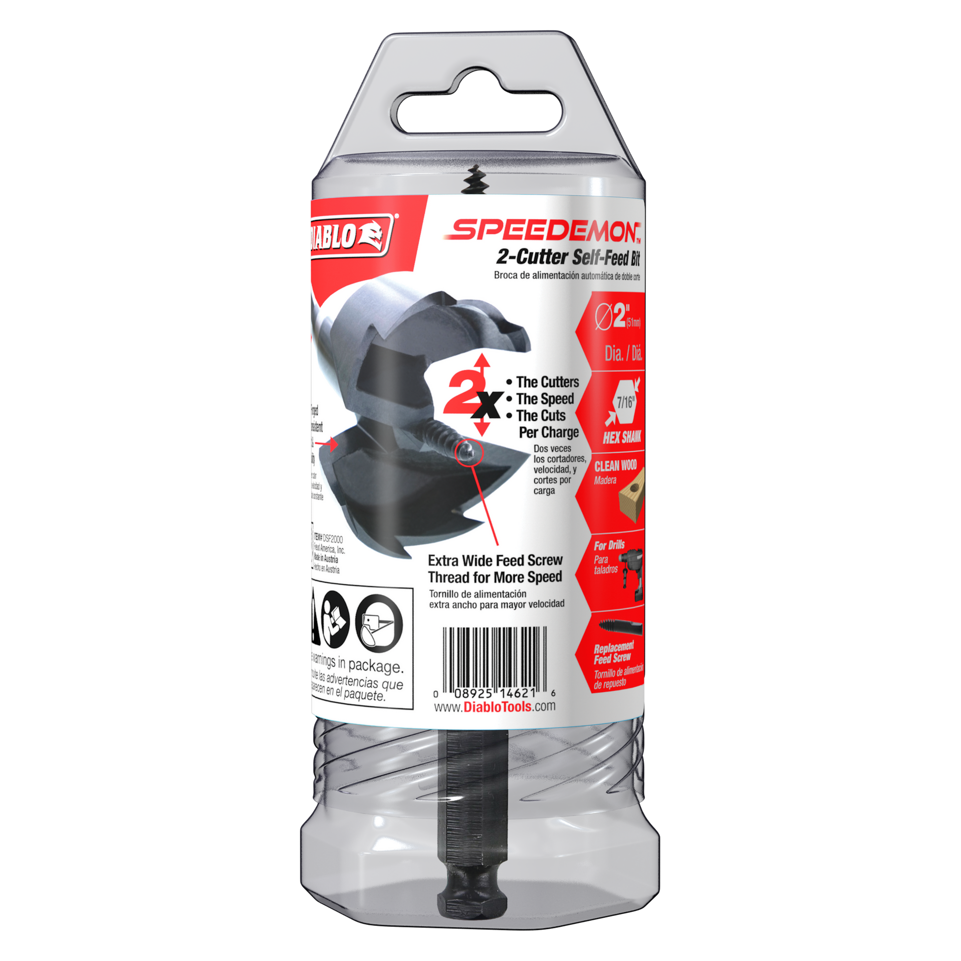 Black and gray 2-inch diameter self-feed drill bit in clear plastic packaging with red Diablo SPEEDemon label.