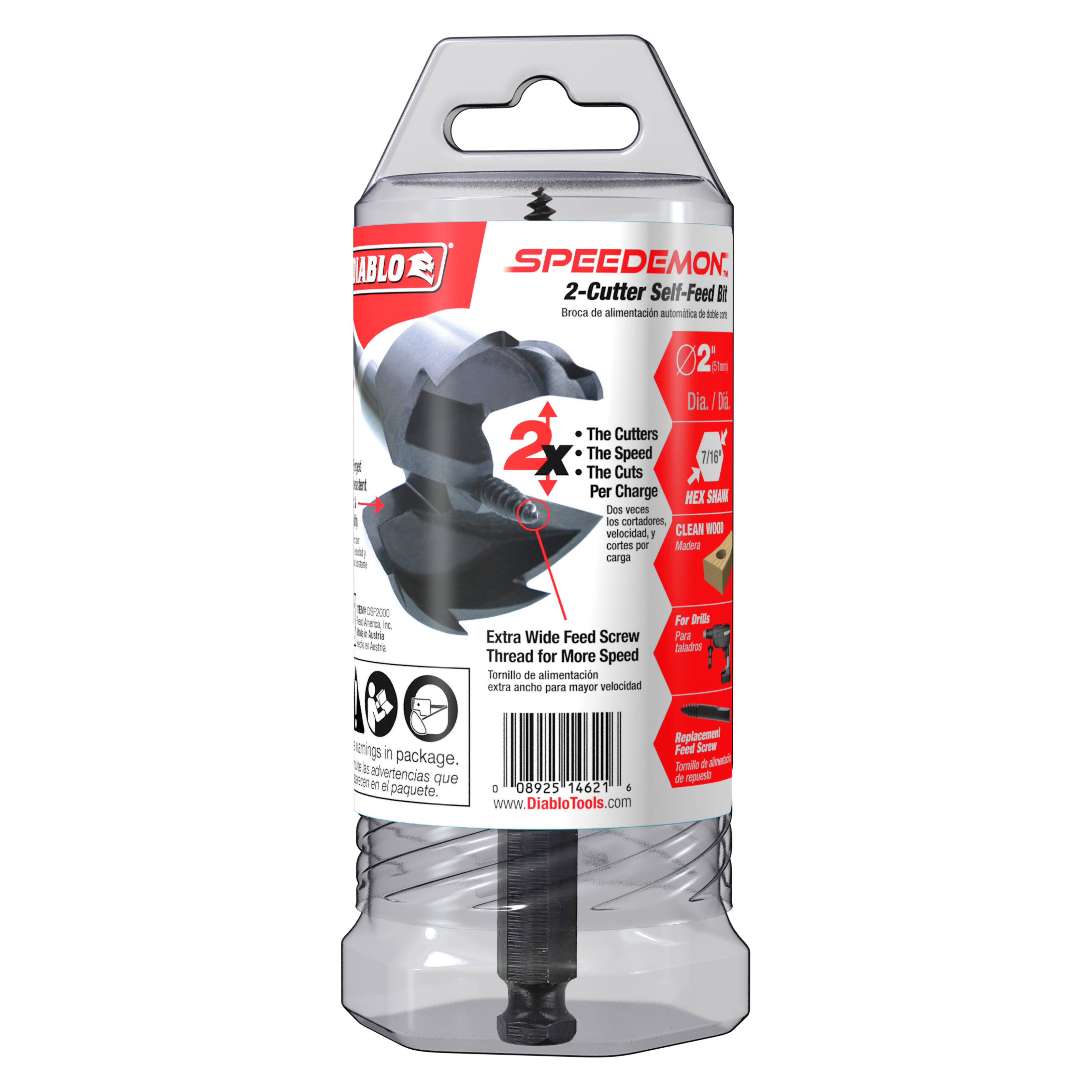Black and gray 2-inch diameter self-feed drill bit in clear plastic packaging with red Diablo SPEEDemon label.