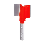 Freud router bit with red cutting head and gray metal shaft, 1-inch diameter straight flute design.