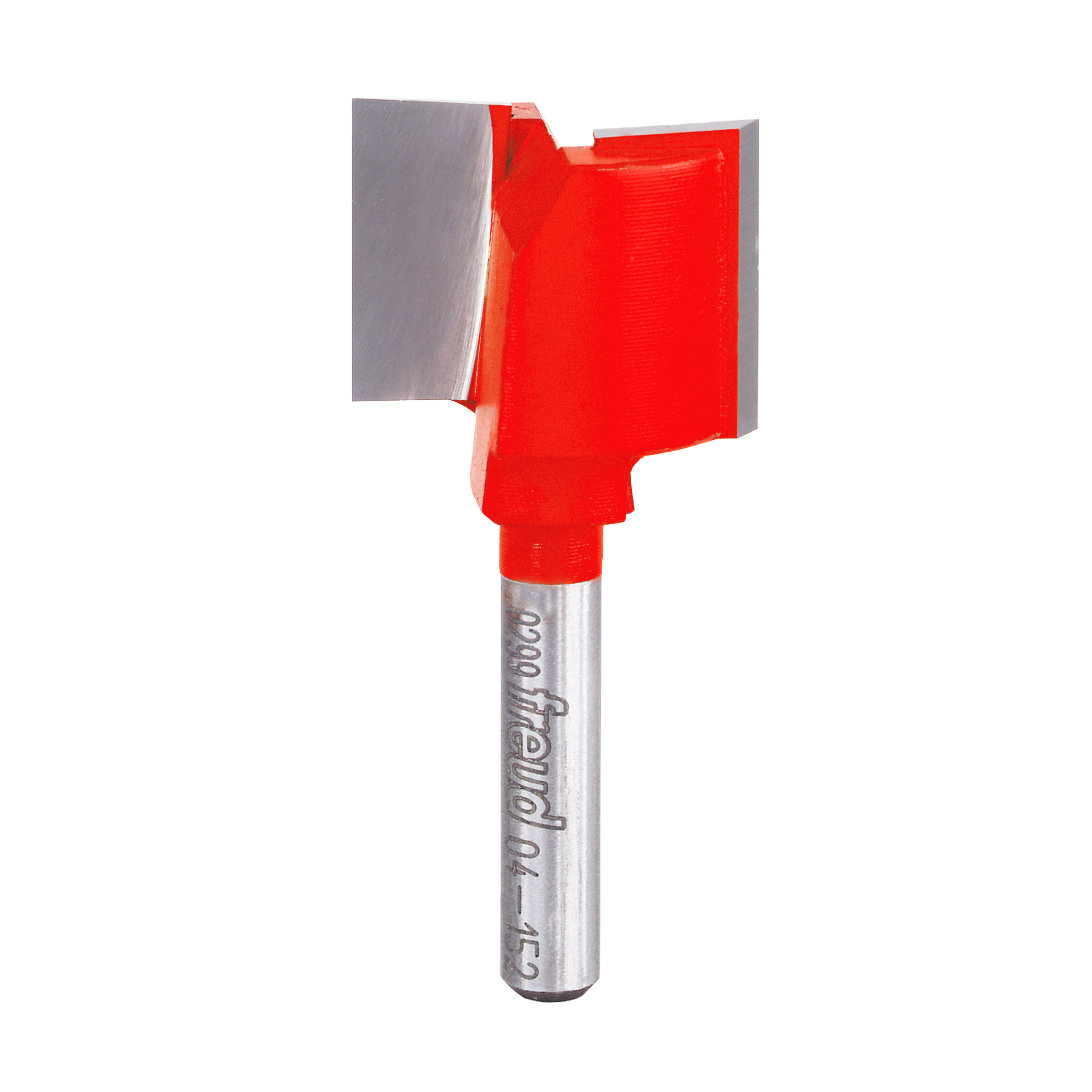 Freud router bit with red cutting head and gray metal shaft, 1-inch diameter straight flute design.