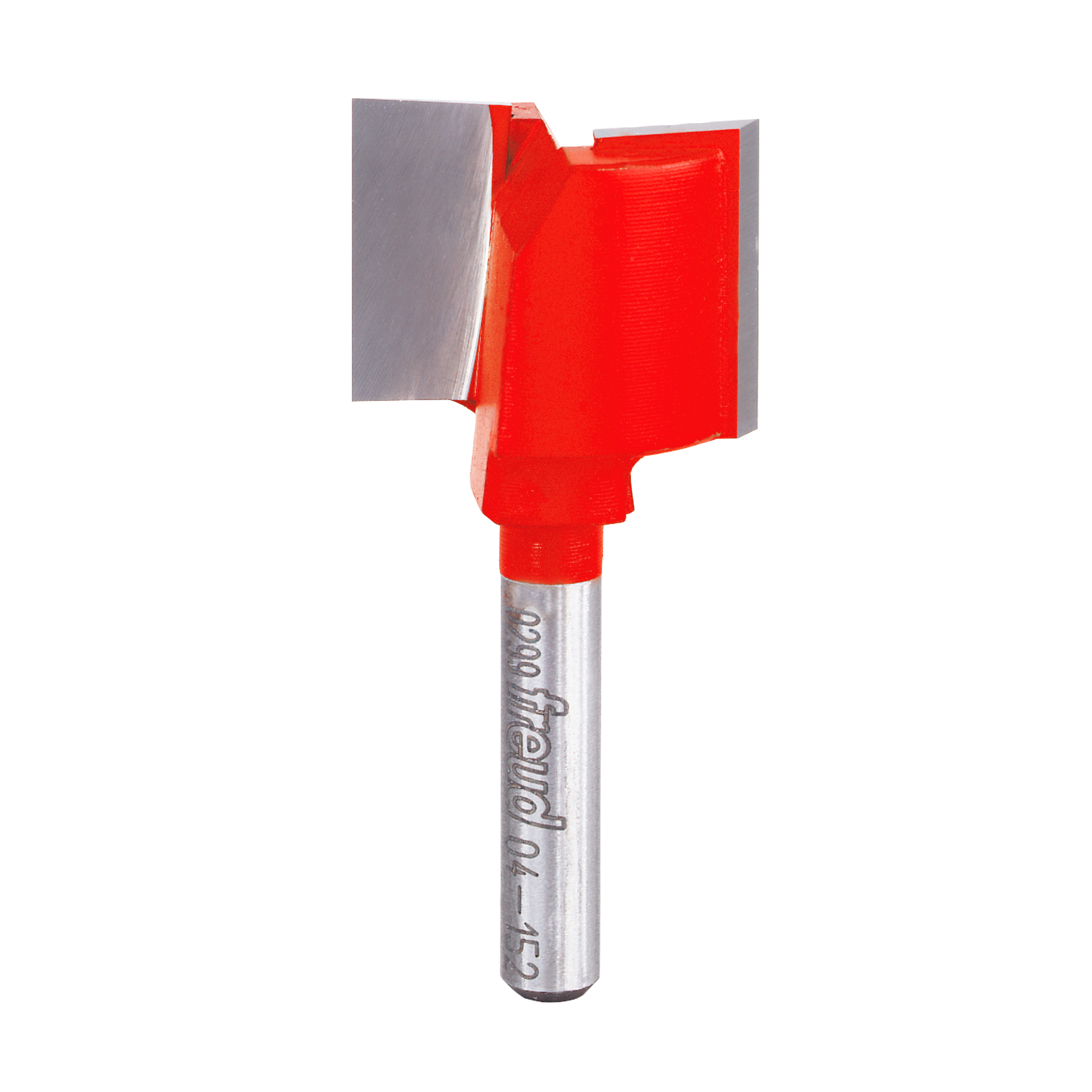 Freud router bit with red cutting head and gray metal shaft, 1-inch diameter straight flute design.