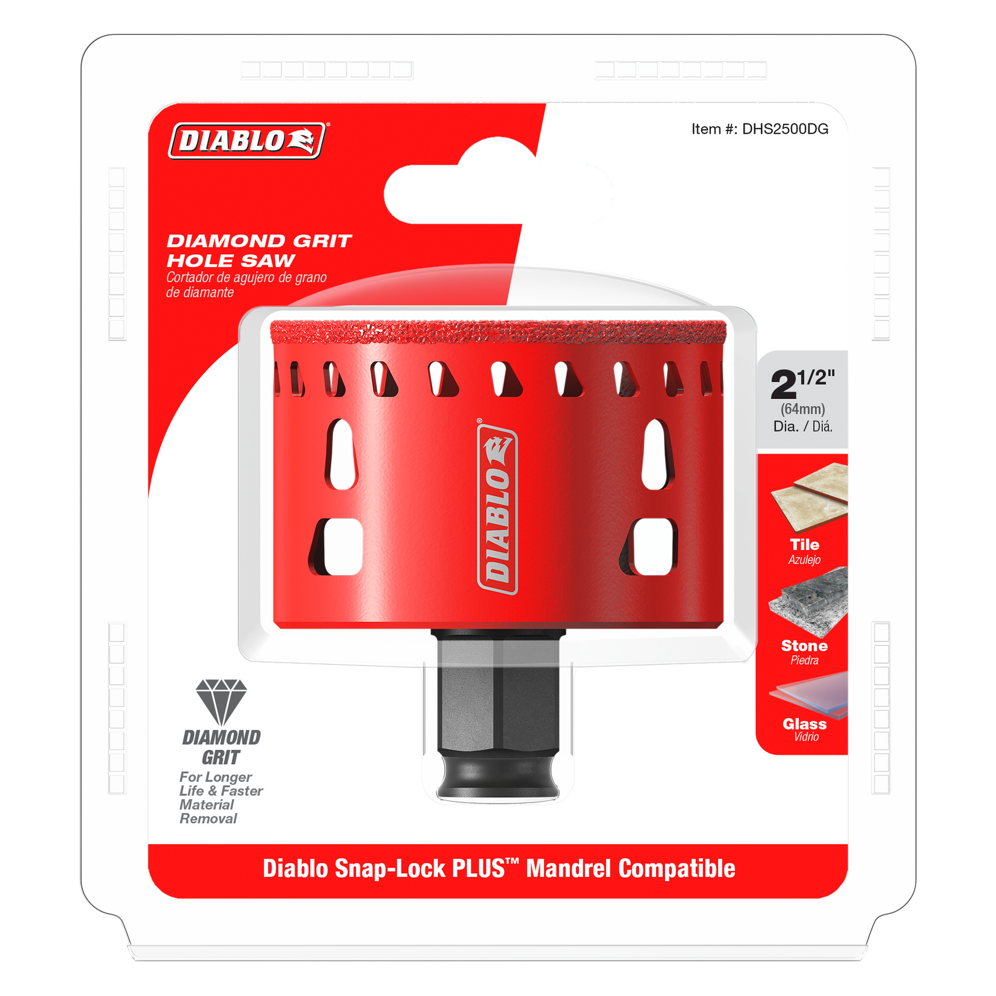 Red diamond grit hole saw with 2-1/2 inch diameter and black mandrel attachment for tile, stone, and glass cutting.