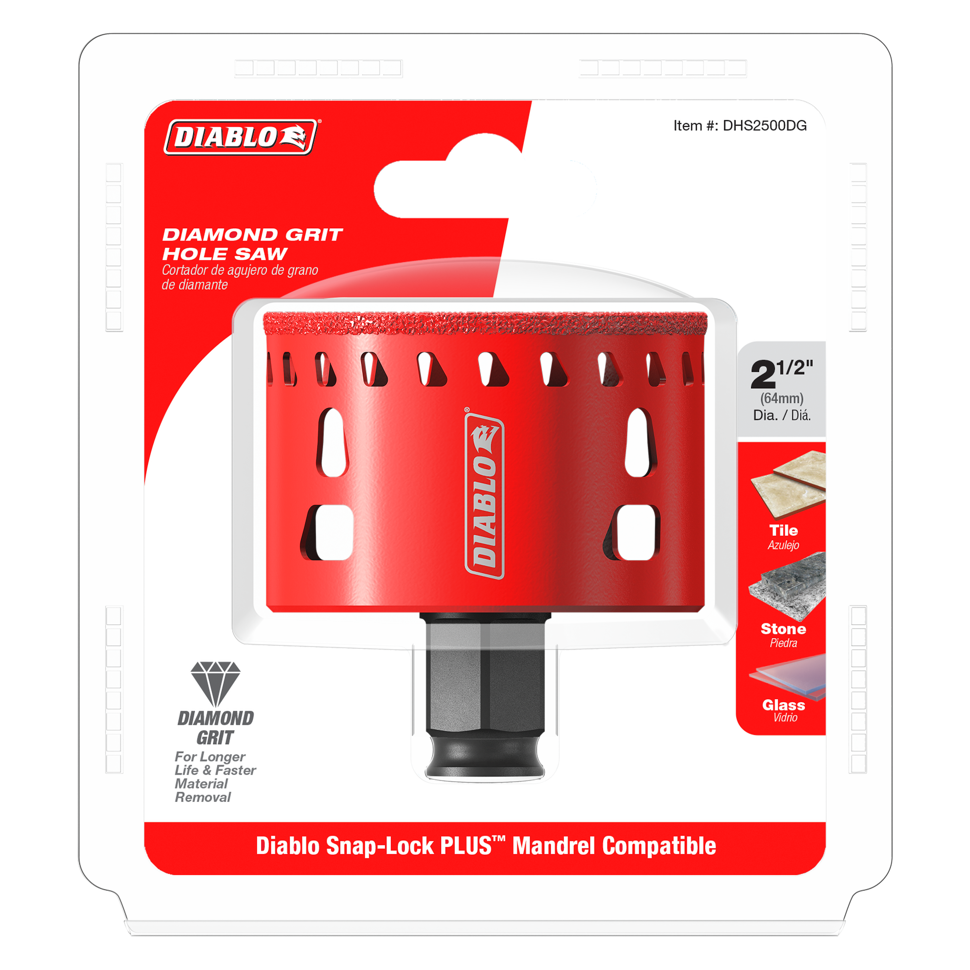 Red diamond grit hole saw with 2-1/2 inch diameter and black mandrel attachment for tile, stone, and glass cutting.
