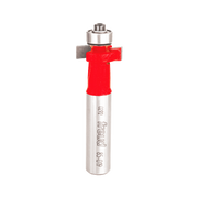 Freud router bit with red cutting head and silver metal shaft, labeled "Freud 85-019" on cylindrical body.