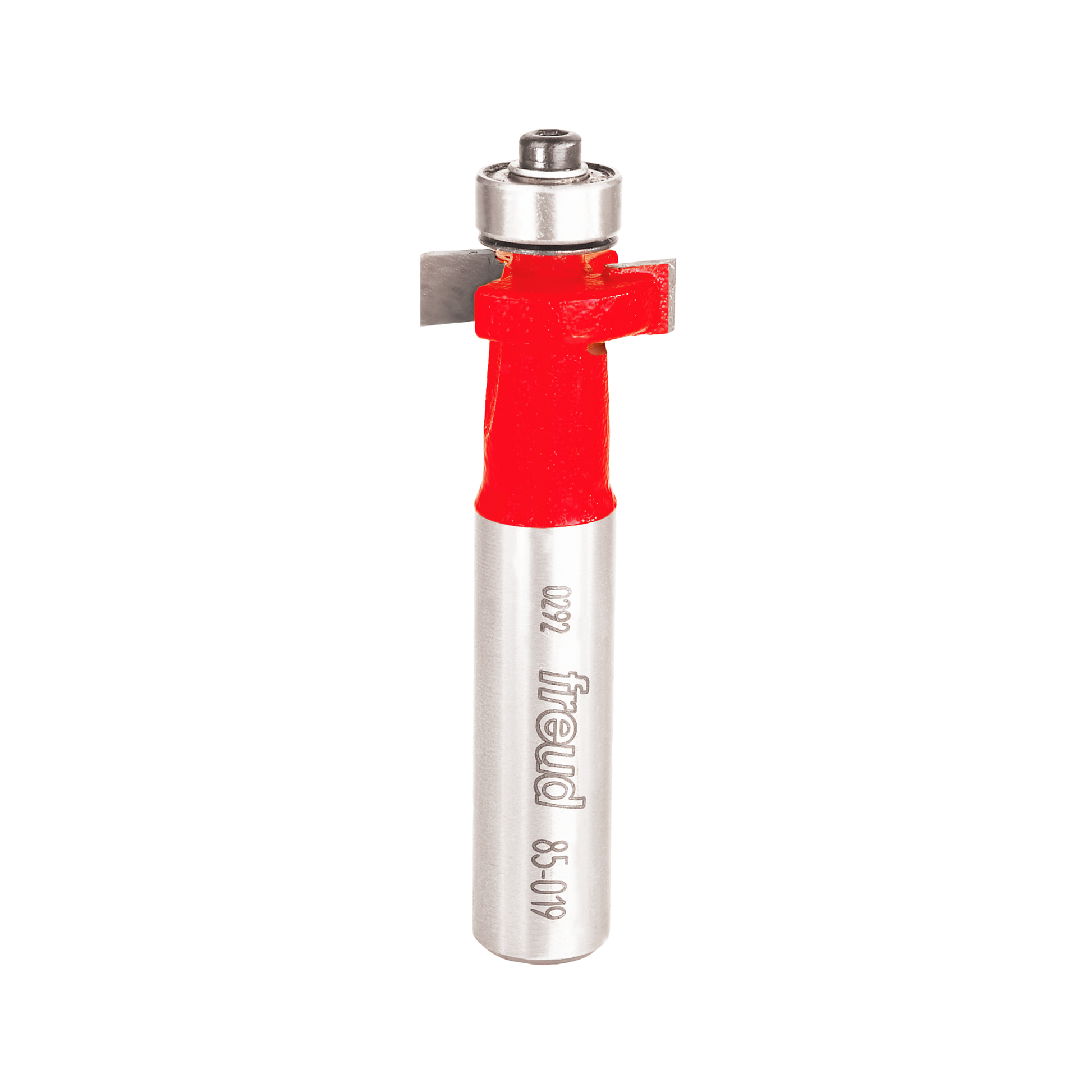 Freud router bit with red cutting head and silver metal shaft, labeled "Freud 85-019" on cylindrical body.