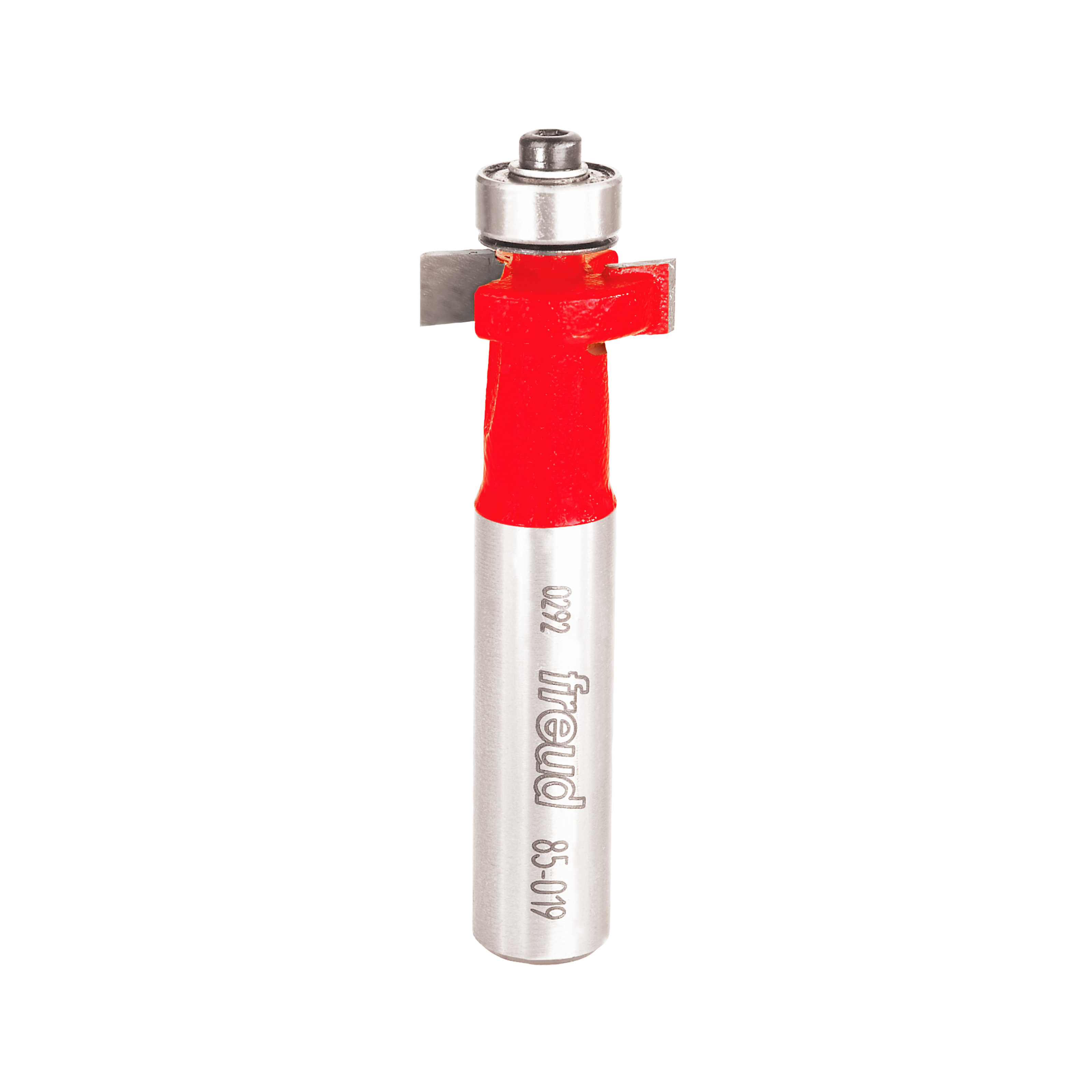 Freud router bit with red cutting head and silver metal shaft, labeled "Freud 85-019" on cylindrical body.