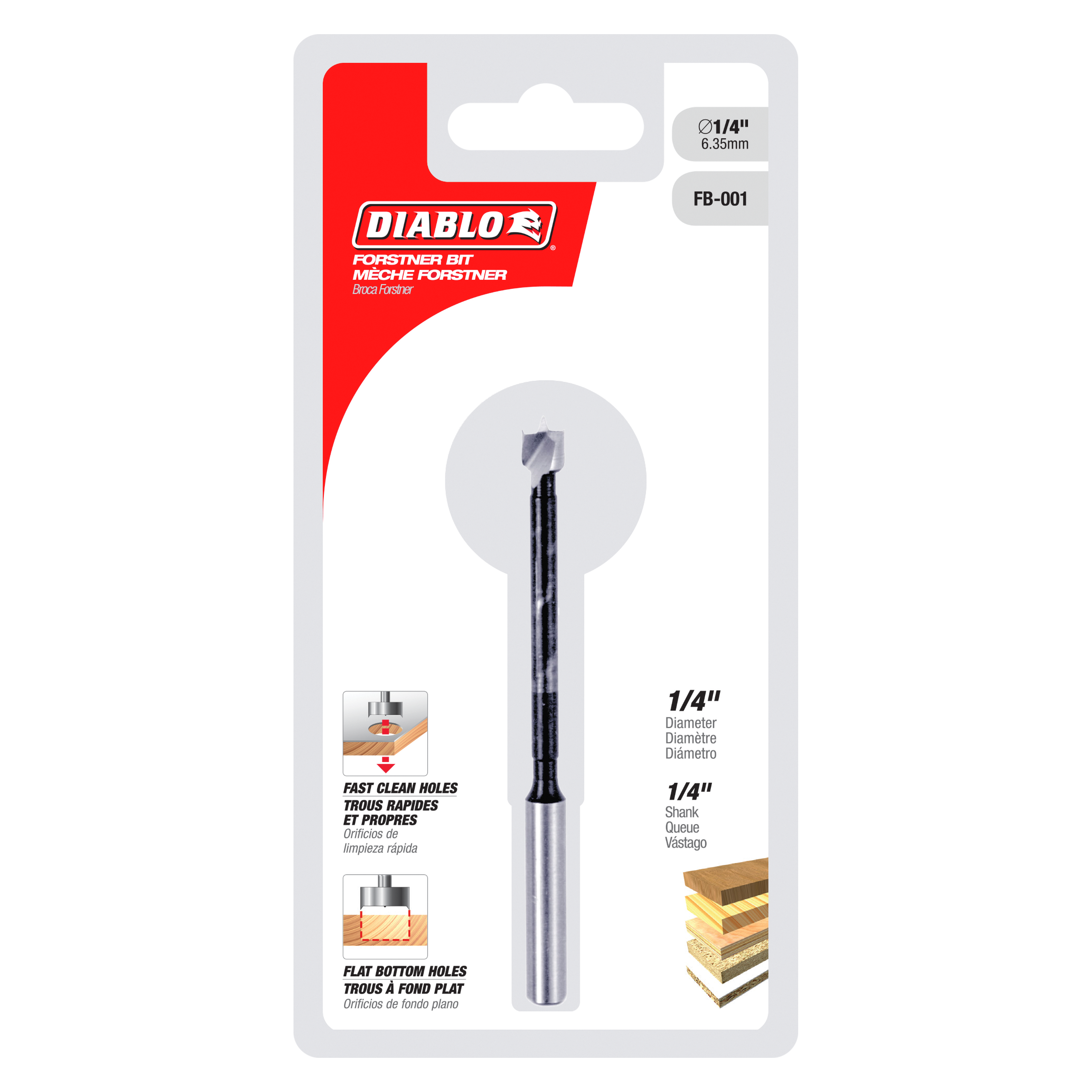 Diablo 1/4 inch Forstner bit with gray cylindrical shank and small cutting head, displayed on retail packaging.