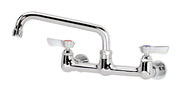 Chrome wall-mount faucet with curved spout and dual lever handles with hot and cold indicators.