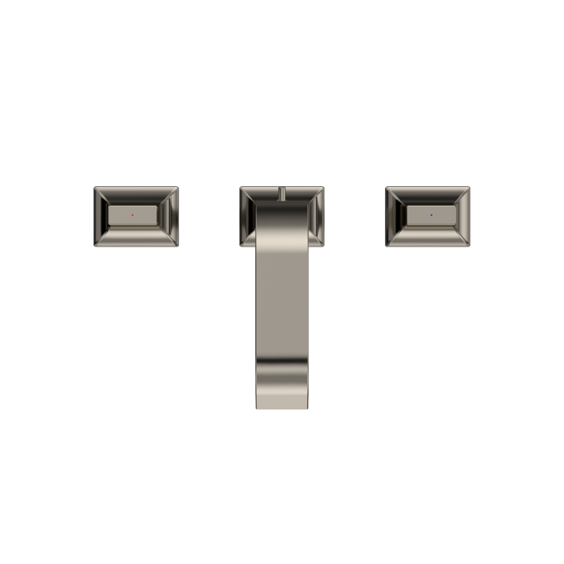 Polished nickel two-handle widespread bathroom sink faucet with rectangular handles and tall center spout.