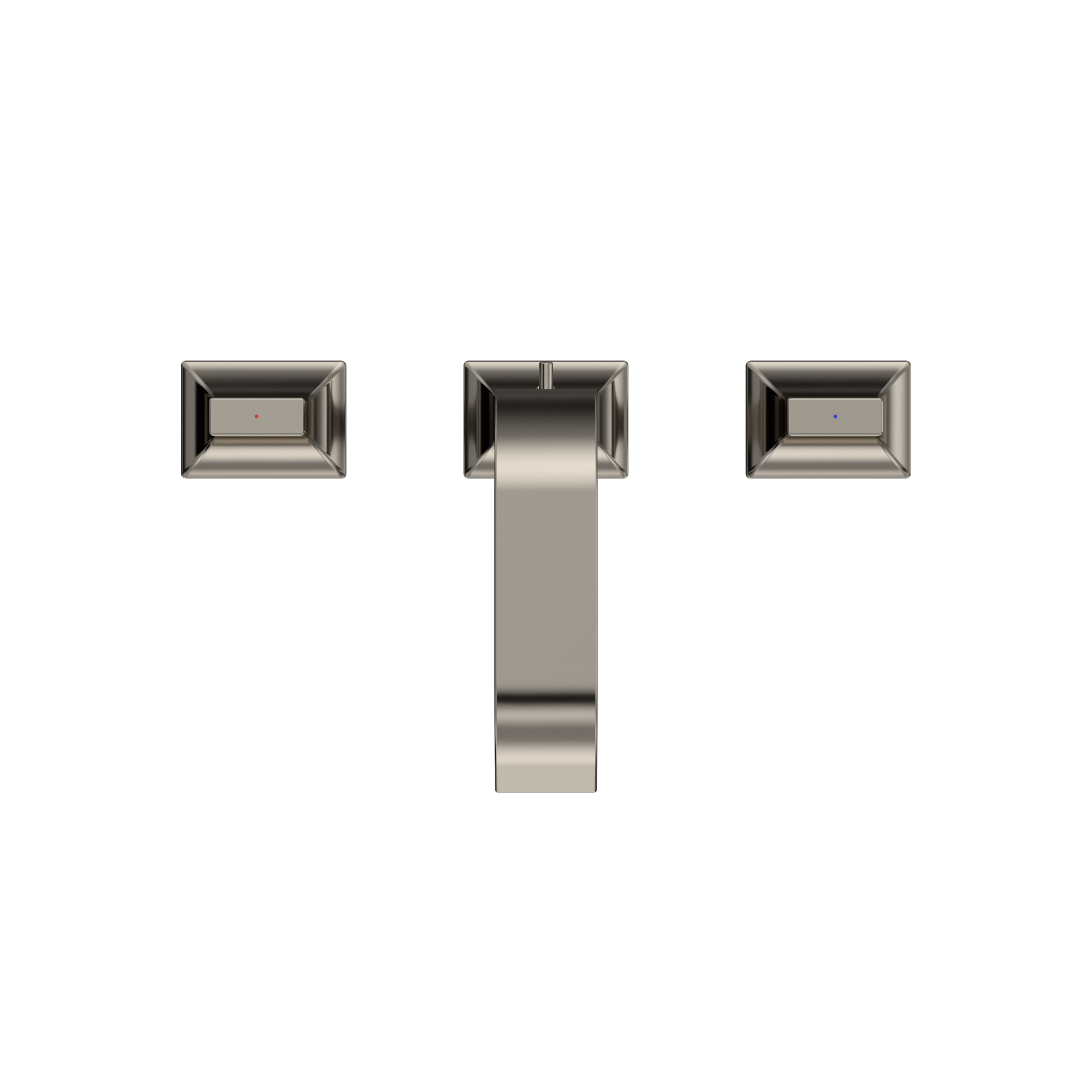 Polished nickel two-handle widespread bathroom sink faucet with rectangular handles and tall center spout.